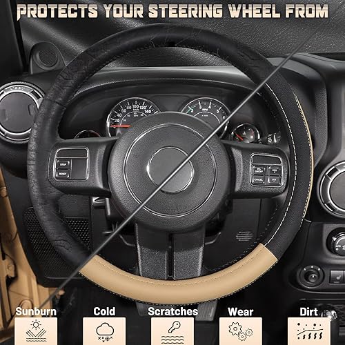 Miniatura 4 de SEG Direct Funda para volante de automóvil, de 15.5 a 16 pulgadas, para F-150, Tundra, Range Rover, piel de microfibra, color negro y beige