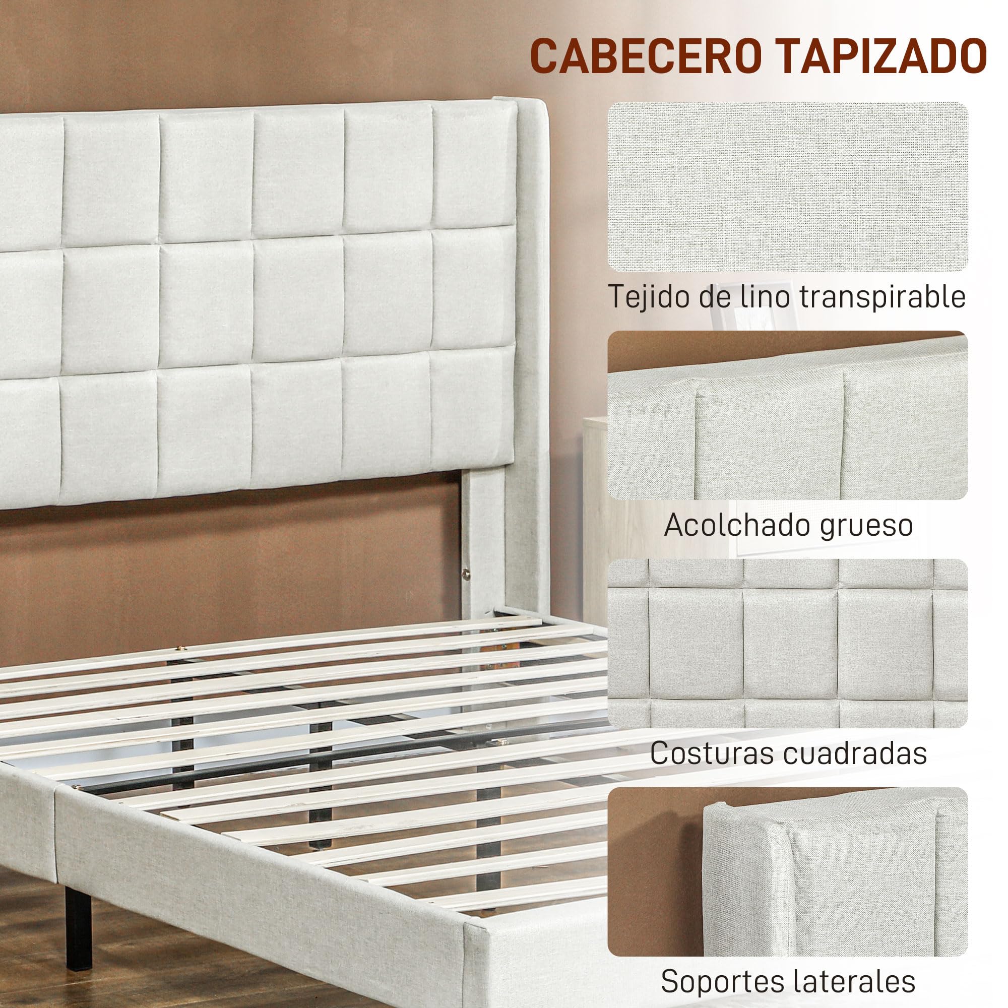 HOMCOM Cama 135x190 cm Estructura de Cama Somier con Cabecera Tapizada de Lino Sintético y Espacio de Almacenamiento Debajo de la Cama Carga 300 kg Beige