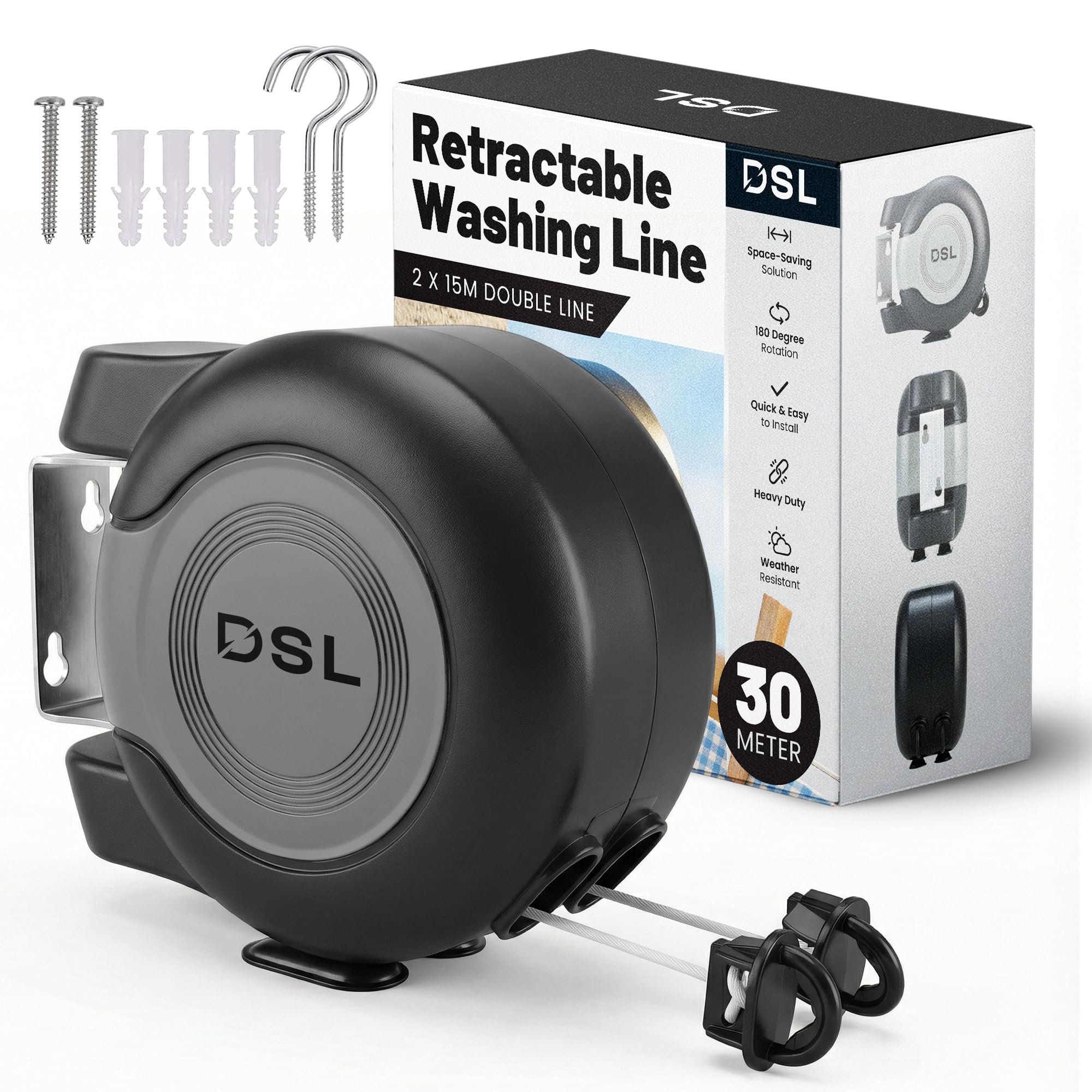 DSL Retractable Washing Line - 30m Heavy Duty Twin Cable, Wall Mounted Extendable Laundry Clothes Airer Indoor and Outdoor Use - 2 x 15m Drying Double Clothes Line - Grey
