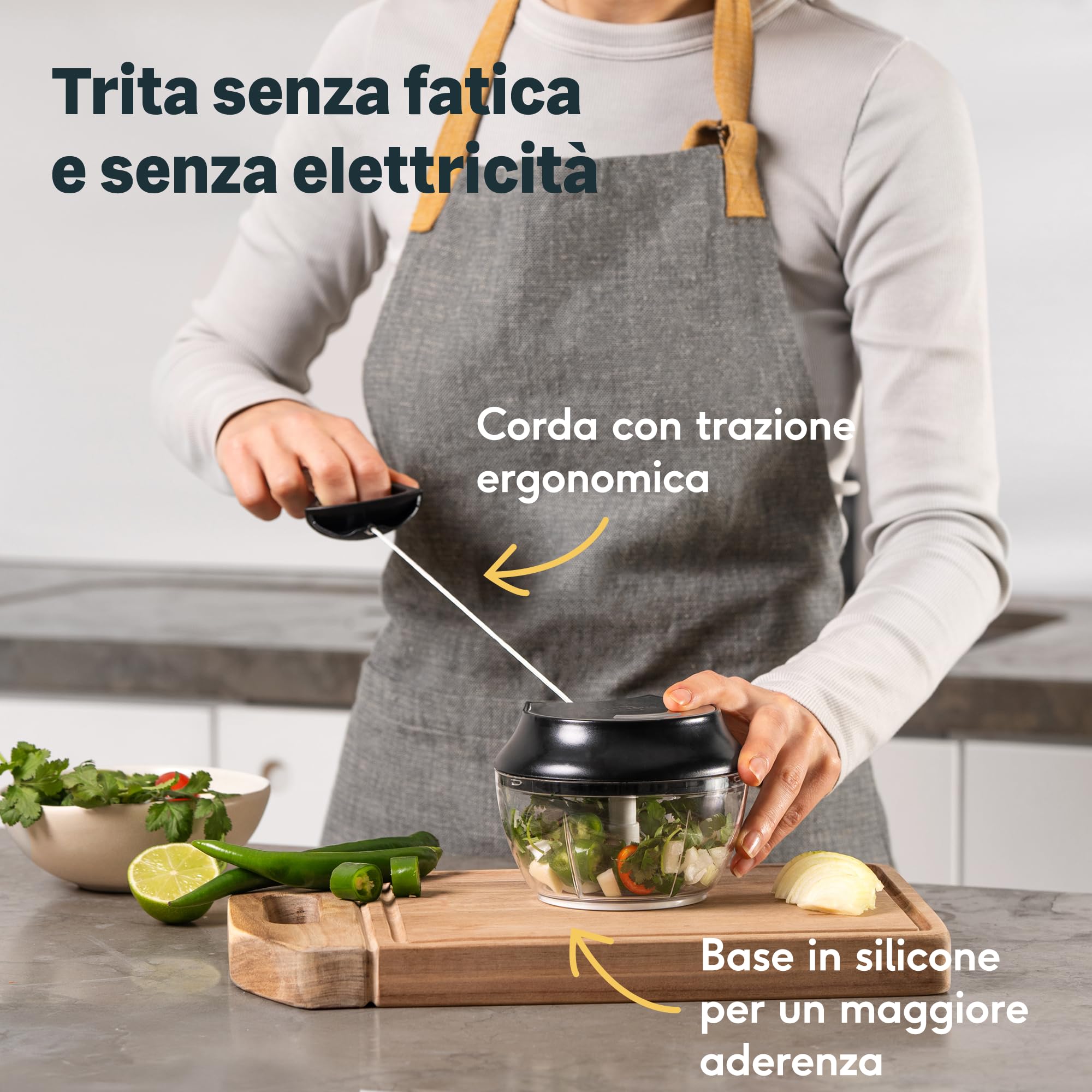 SILBERTHAL Tritatutto manuale a corda 500ml - Acciaio inox - 5 secondi - Con coperchio e raschietto - Per cipolle, aglio, erbe aromatiche