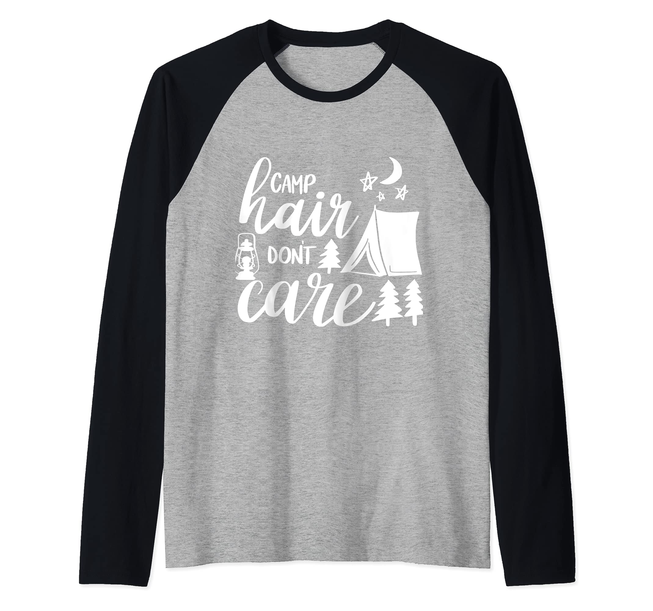 Camp Hair Don't Care Camping Hiking Mountaineering Raglan Baseball Tee, Black