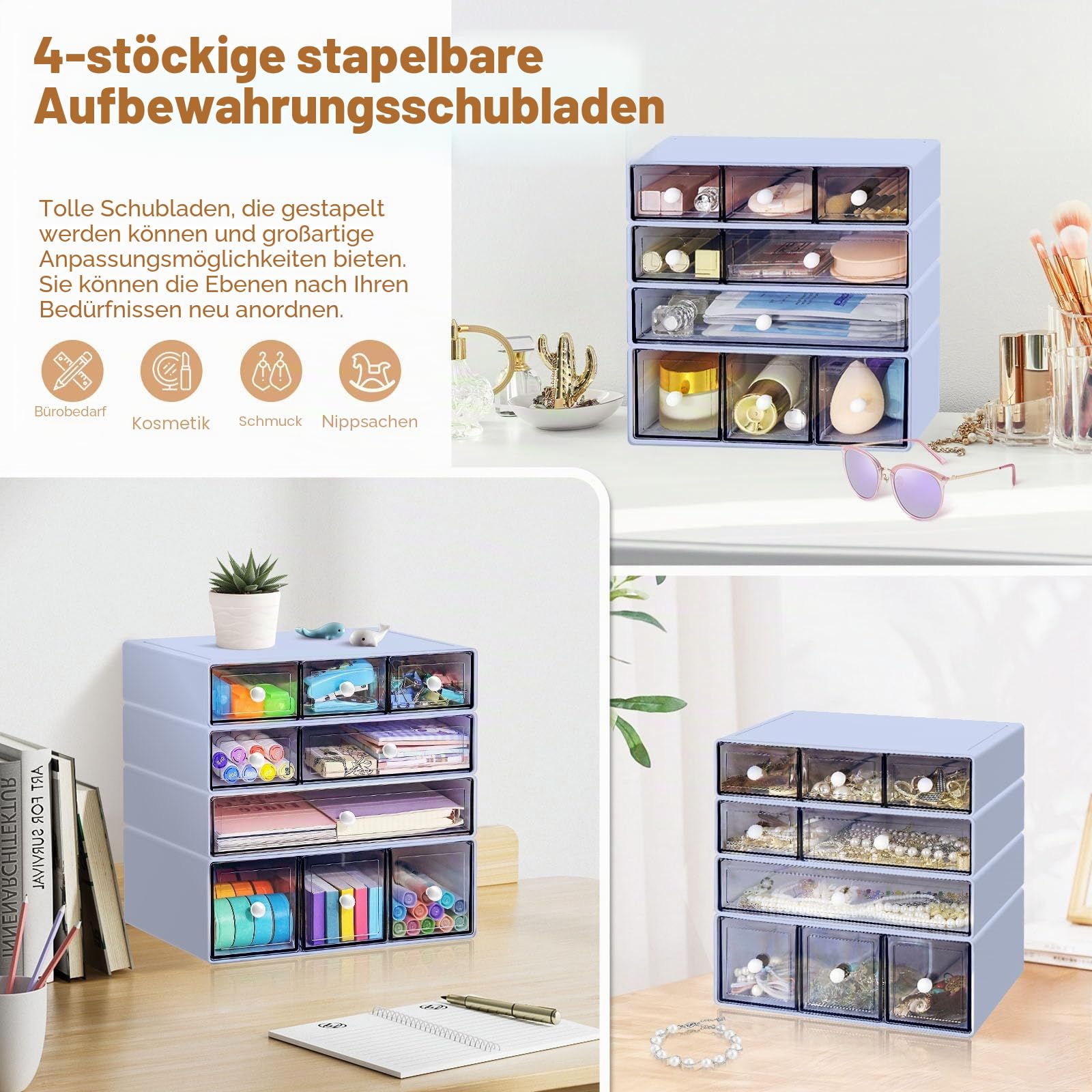 Desk Aufbewahrungsbox mit 9 Schubladen, 4 Lagen stapelbare Lagerung Schubladen für Schreibtisch Lagerung, Klare Veranstalter Anzug für Schreibwaren Make-up Schmuck Büro Craft Supplies (Violett)