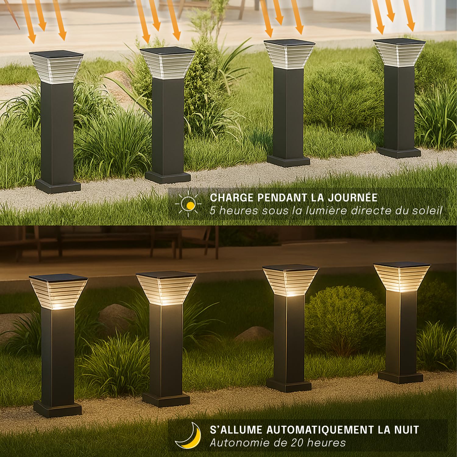 Lampe Solaire Extérieur Jardin – Borne Solaire LED 300 Lumens IP65 – 3000K/6000K – Autonomie 20h, Recharge 5h – Pour Cour, Terrasse, Allée – Aluminium Résistant (Carré, 40 CM)