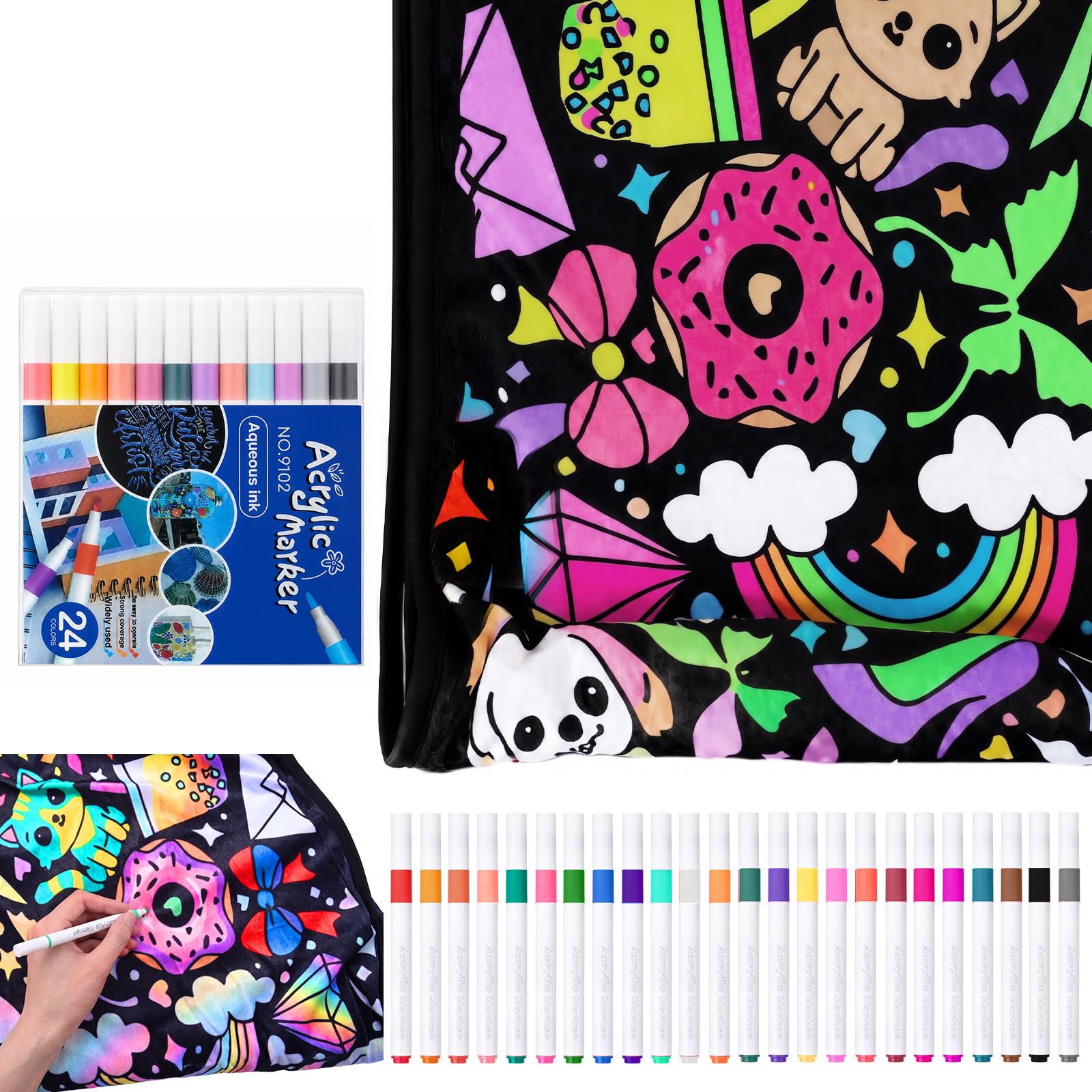 Colouring Blanket for Adults, DIY Snuggle Sketch Throw with 24 Markers