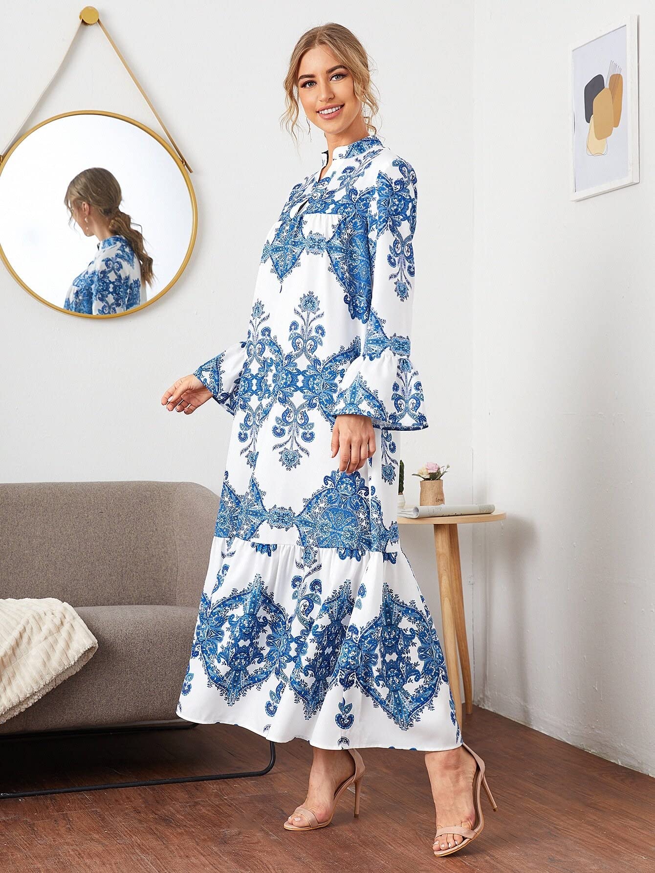 Amazon.com: Women's Dresses Wedding Guest Dress Notched Neck Flounce Hem Maxi  Dress Dress for Women (Color : Blue and White, Size : Large): Clothing,  Shoes & Jewelry