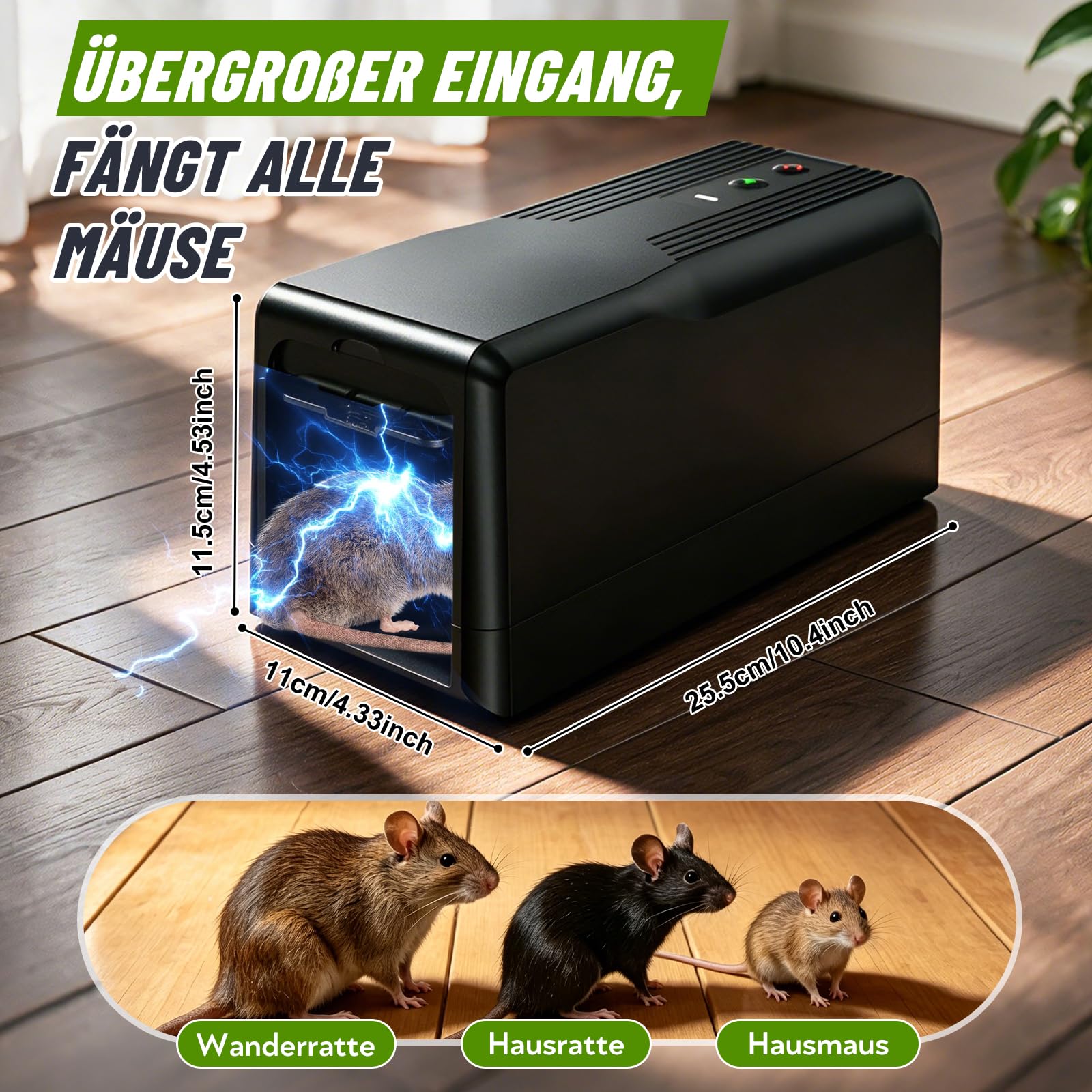 Rattenfalle Elektrisch 8000V, Elektrischer Mausfänger Elektrisch Mausefalle Große Einzug 11,5*25,5 cm,Sofortiger Schmerzloser Elektronische Schlagfalle, Wiederverwendbar & Hygienisch für Küche Keller