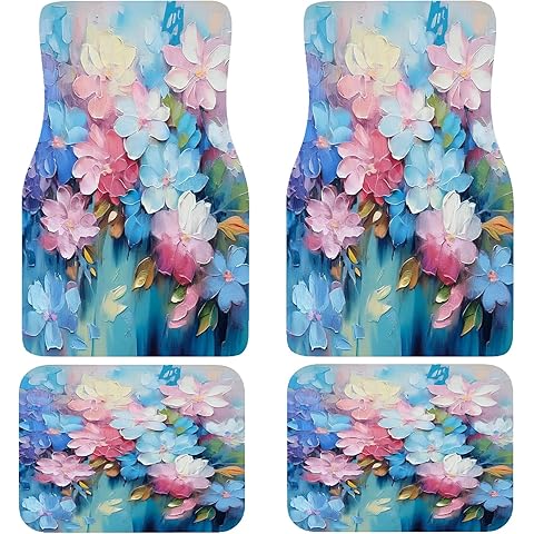 Cute Art Print Flower Car Floor Mats-Double Layer Thick Fabric Front Mats with Non-...