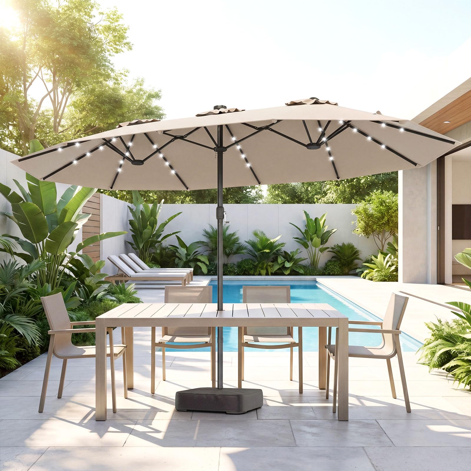 COSTWAY Doppelsonnenschirm mit Ständer und LED-Solar-Beleuchtung, 450 x 260 cm, Sonnenschirm Groß XXL, UPF 50+, Gartenschirm mit Kurbel, Terrassenschirm, Marktschirm für Garten, Terrasse, Beige