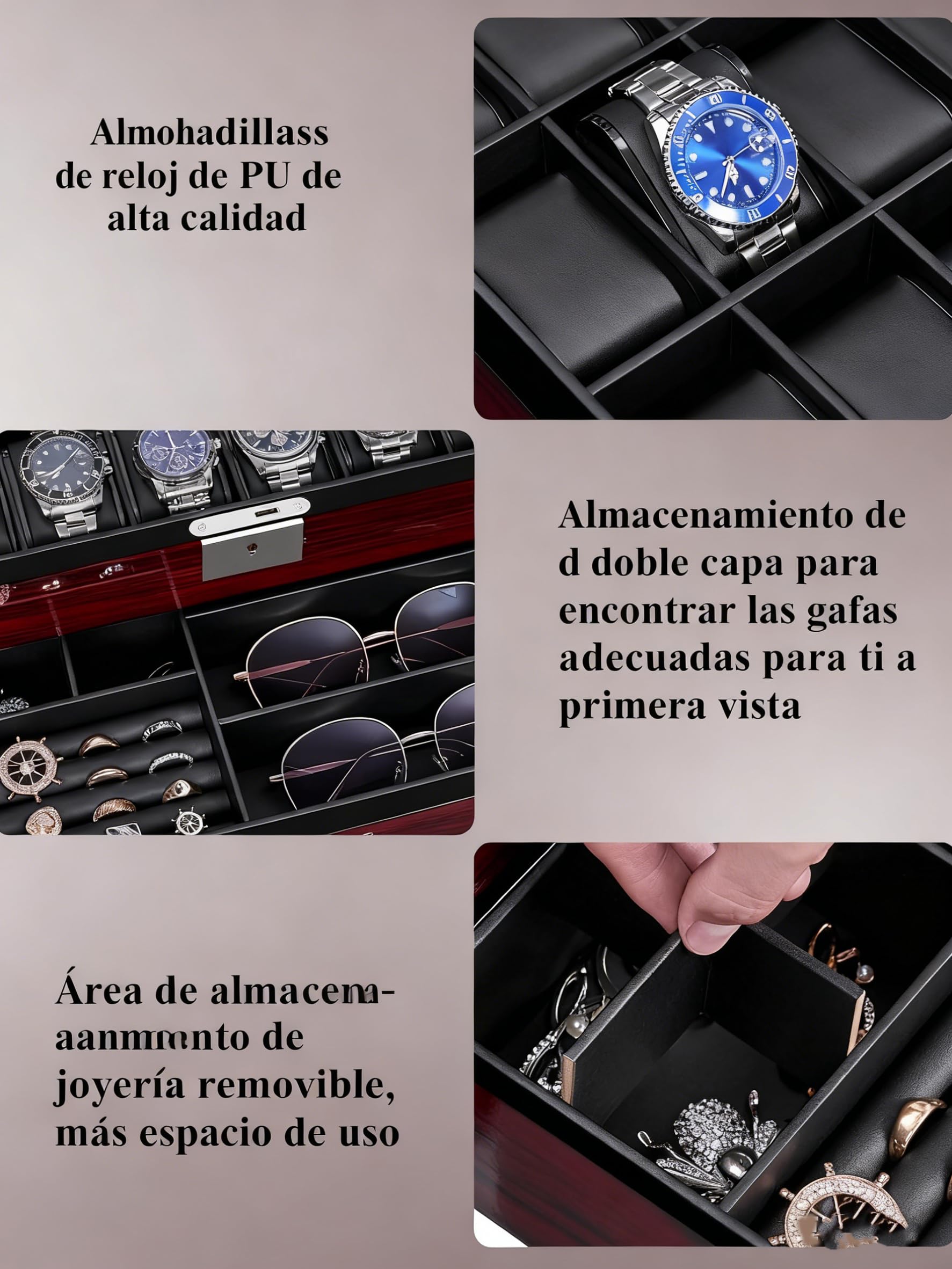 ANWBROAD Caja de reloj de 12 ranuras para hombre con tapa de cristal grande, 2 niveles, organizador de relojes con cerradura, organizador de relojes de lujo para regalo JWB003Y