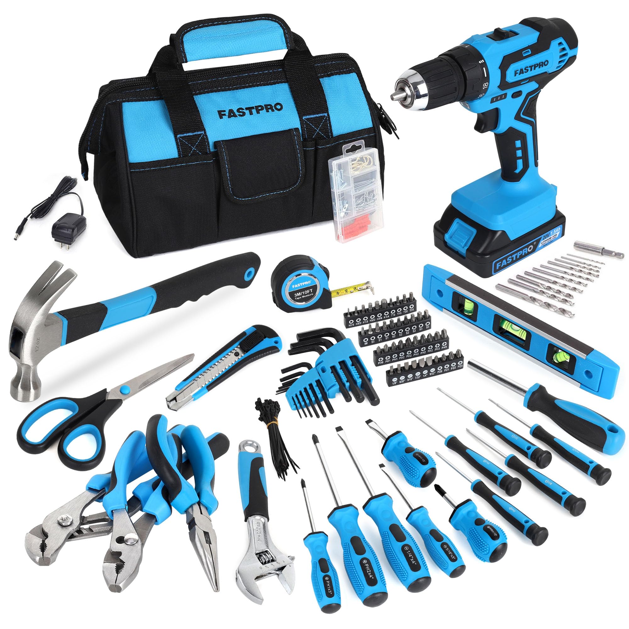 FASTPRO Home Tool Set with Drill, Household Repairing Tool Kit, Blue