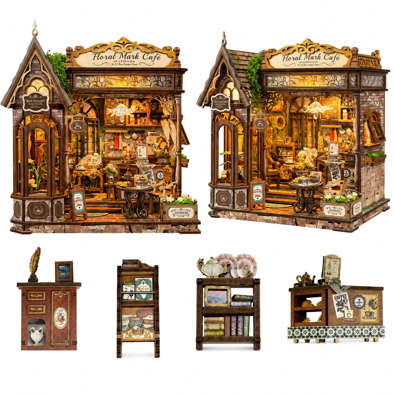 Spilay Miniatur Haus, Vintage Blumencafé Puppenhaus Holz | DIY Miniature House mit LED-Licht, 3D Puzzle für Erwachsene, Miniatur Bausatz, Regal Deko Geschenk