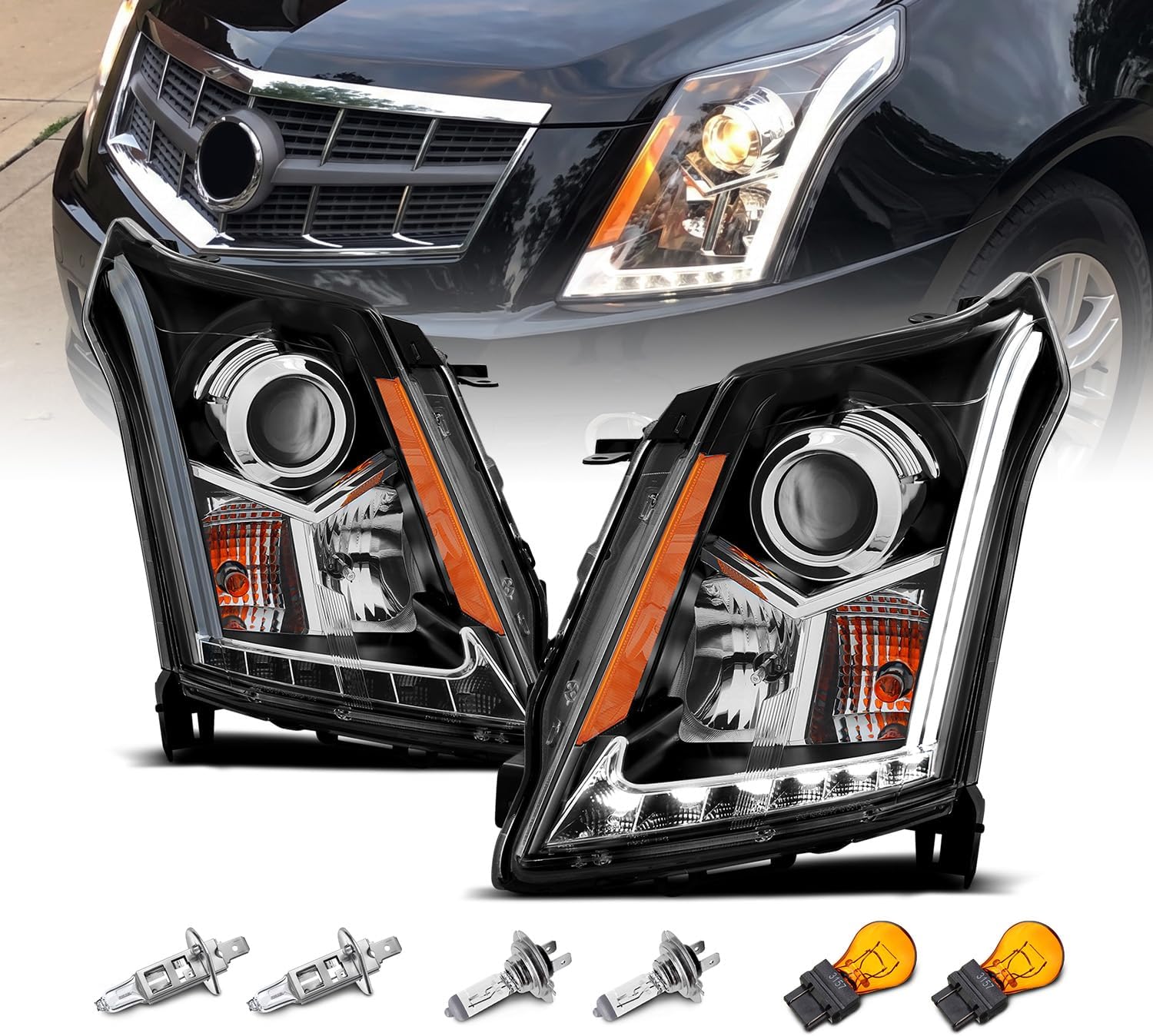 AmeriLite Black Projector Headlights Plank LED Bar Set For Cadillac SRX - Passenger and Driver Side