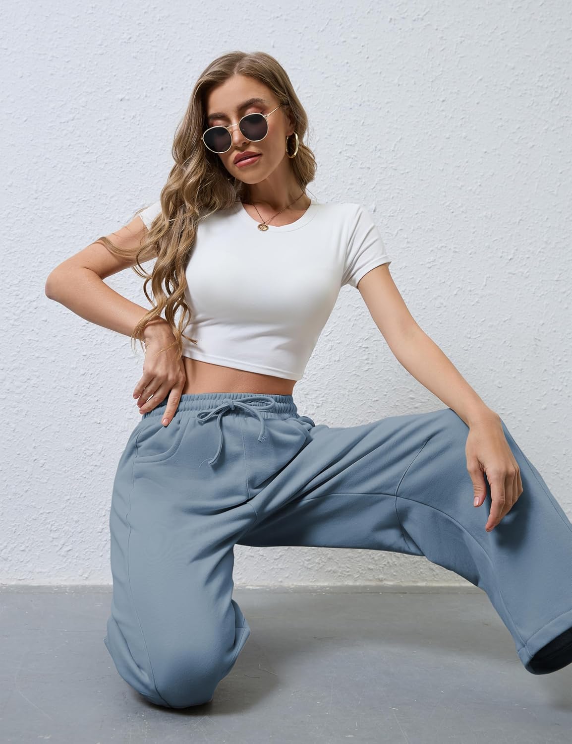 Hongsui Women's Barrel Leg Pants Elasticated Waistband Soft Wide Leg Pants with Pockets Casual Sweatpants - Image 7