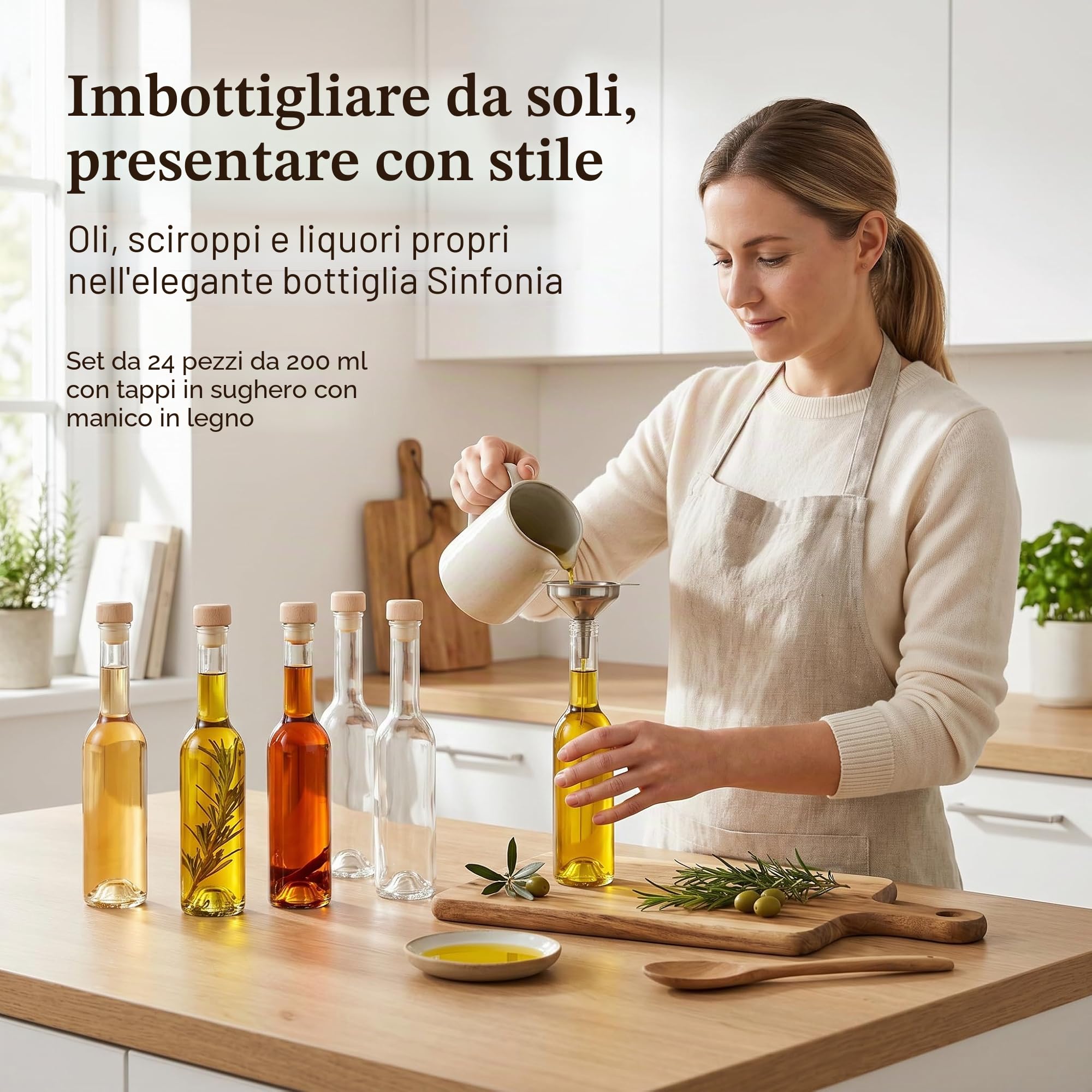 gouveo Set da 24 bottiglie in vetro Sinfonie (0,20 l) con tappo in sughero con pomello in legno bottigliette trasparenti per liquore sciroppo olio aceto decorazione (SIF200HGK)