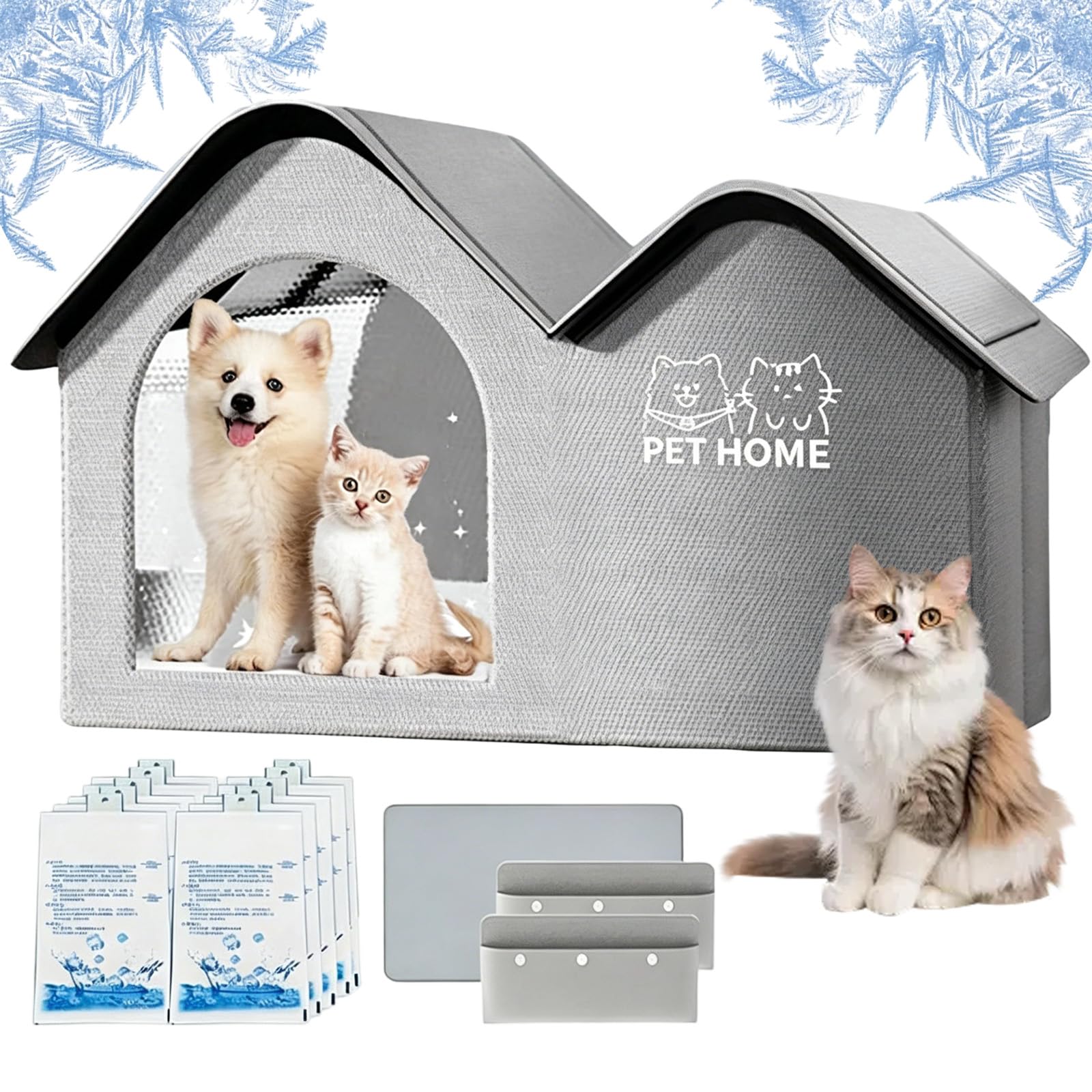 Cat Cooling House with 10 Reusable Ice Packs, Pet Cooling House with Air Conditioning, Weatherproof Insulated, Transparent Window Design, Foldable Pet Shelter for Travel, Apartment (Grey,XL)