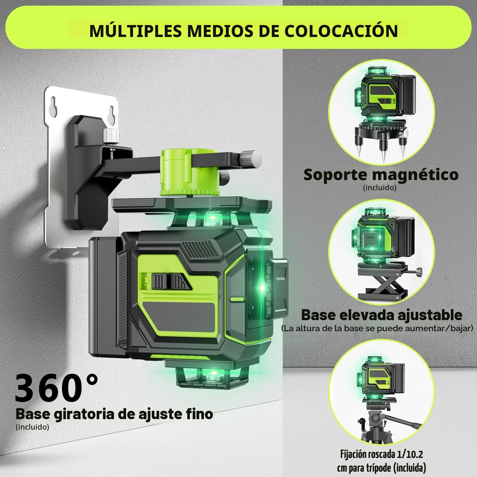 Nivel Laser Autonivelante 360 Grados con Trípode, Nivel Láser Verde 16 Líneas, 2 x 360 Horizontal y 2 x 360 Verticales, 2 x Batería, Montaje en Pared, Control Remoto, Base Magnética, Soporte Giratorio