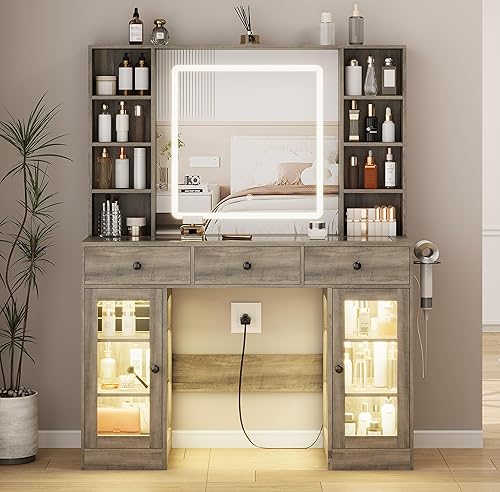 Miniatura 10 de Escritorio de tocador blanco con espejo y luces, mesa de tocador de maquillaje con espejo iluminado, 5 cajones y gabinete RGB, juego de tocador con