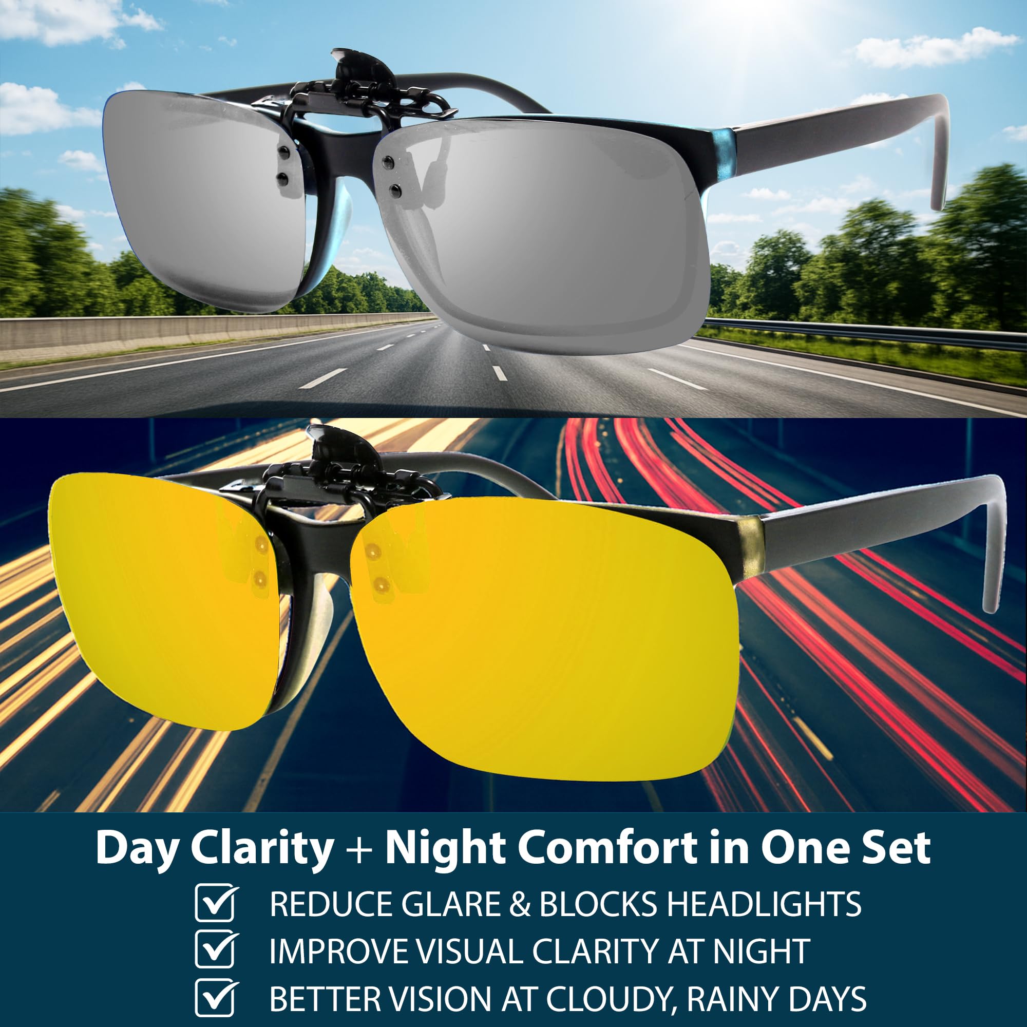 BLUE CUT Polarisierte Nachtsichtbrille mit Clip UV-400 Flip Up Sonnenbrille zum Tragen über Brille für Nachtfahrt.., Grau verspiegelt