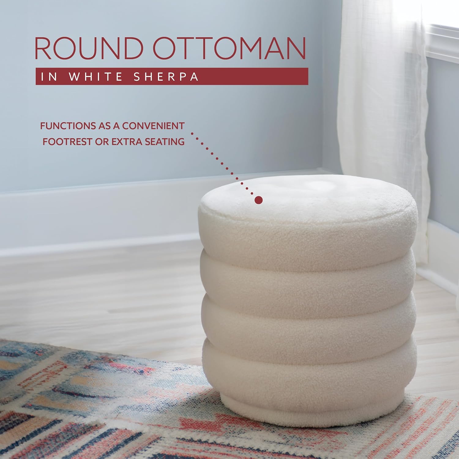 Linon Sherman White Sherpa Round Ottoman with Stitched Channel Designs