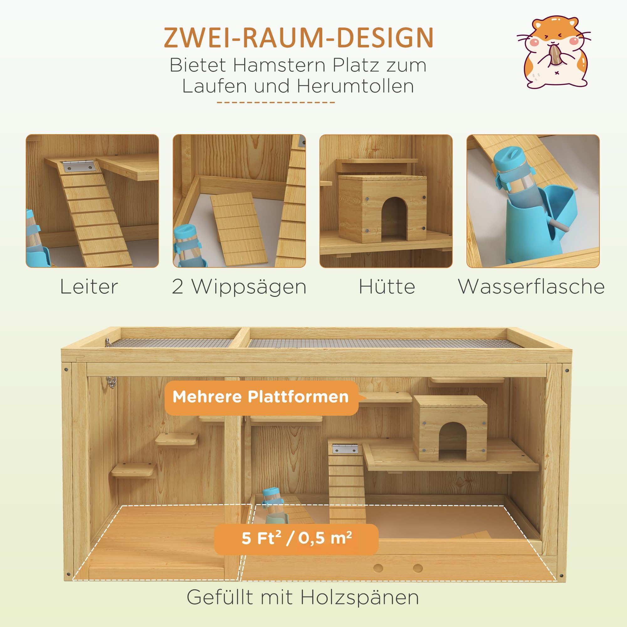 Jaula de madera para hámster PawHut, caseta para animales pequeños de 100 cm, jaula de juegos para jerbos jaula para roedores con columpios, escaleras, techo abrible, caseta, naturaleza