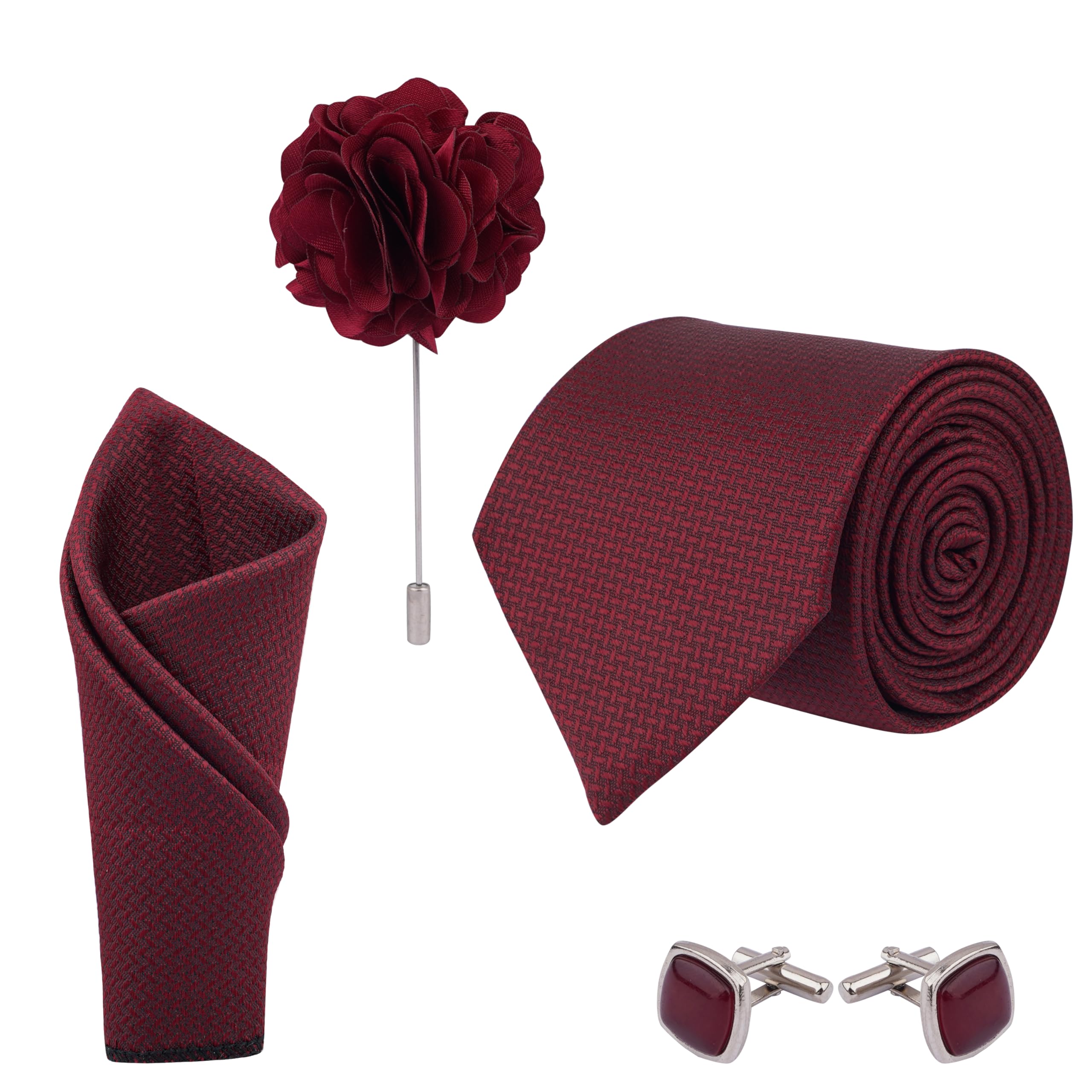 Men's Wine Color Criss Cross Design MicroPoly Formal Necktie Tie With Pocket Square,Lapel Pin,Cufflinks, Solid Color Tie with Silky Feel (Leatharite Gift Box) (Pack of 4)