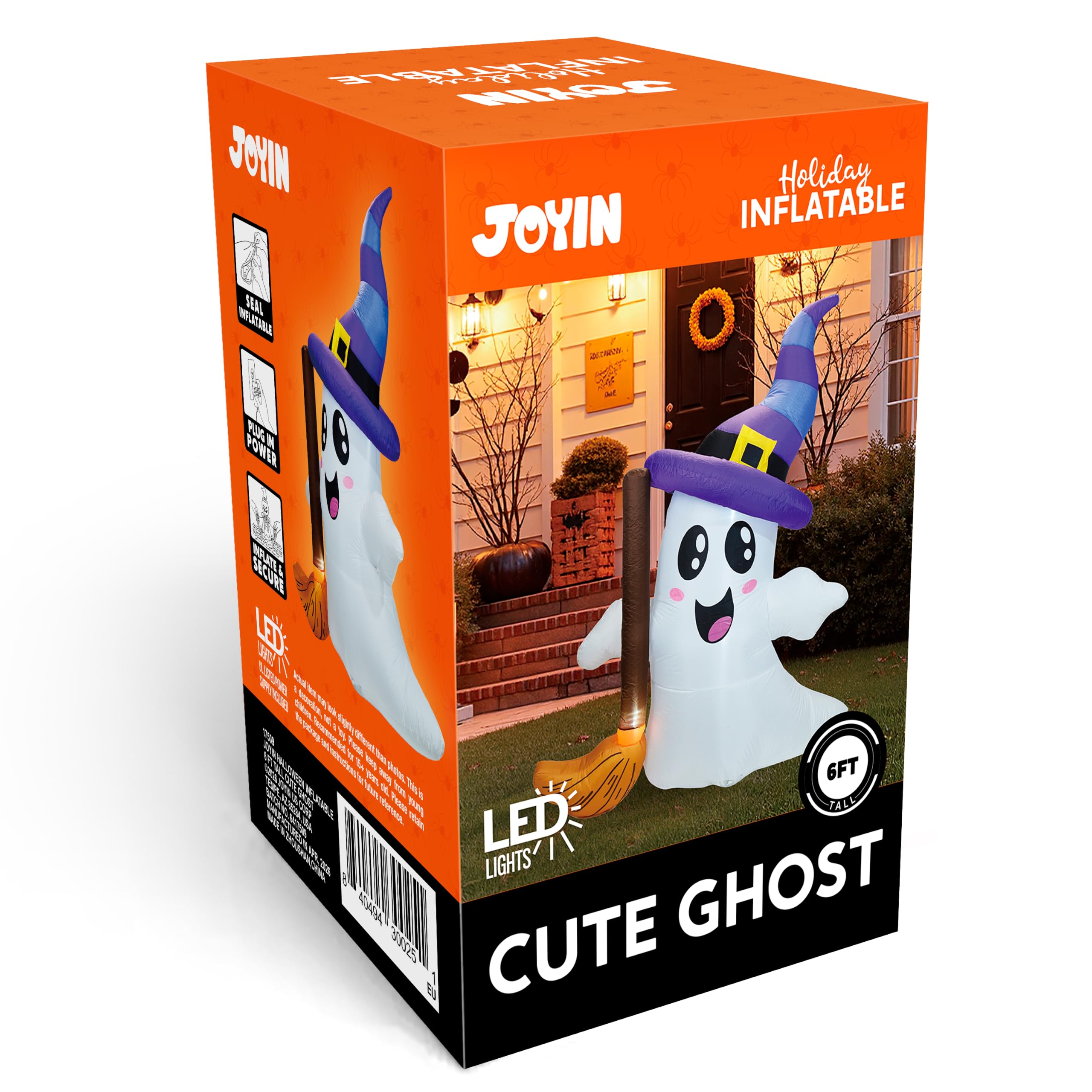 JOYIN Decorazioni gonfiabili per esterni con fantasma alto 1,8 m, con simpatico fantasma che tiene scopa con LED, decorazioni per Halloween, esterni, cortile, giardino, prato, decorazione per feste