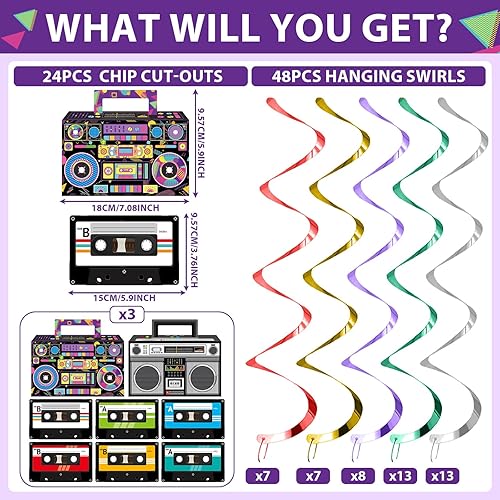 Miniatura 2 de 72 piezas de decoraciones de fiesta temática de los años 90, cinta grabadora de música de los años 80, remolinos colgantes, recortes de papel para