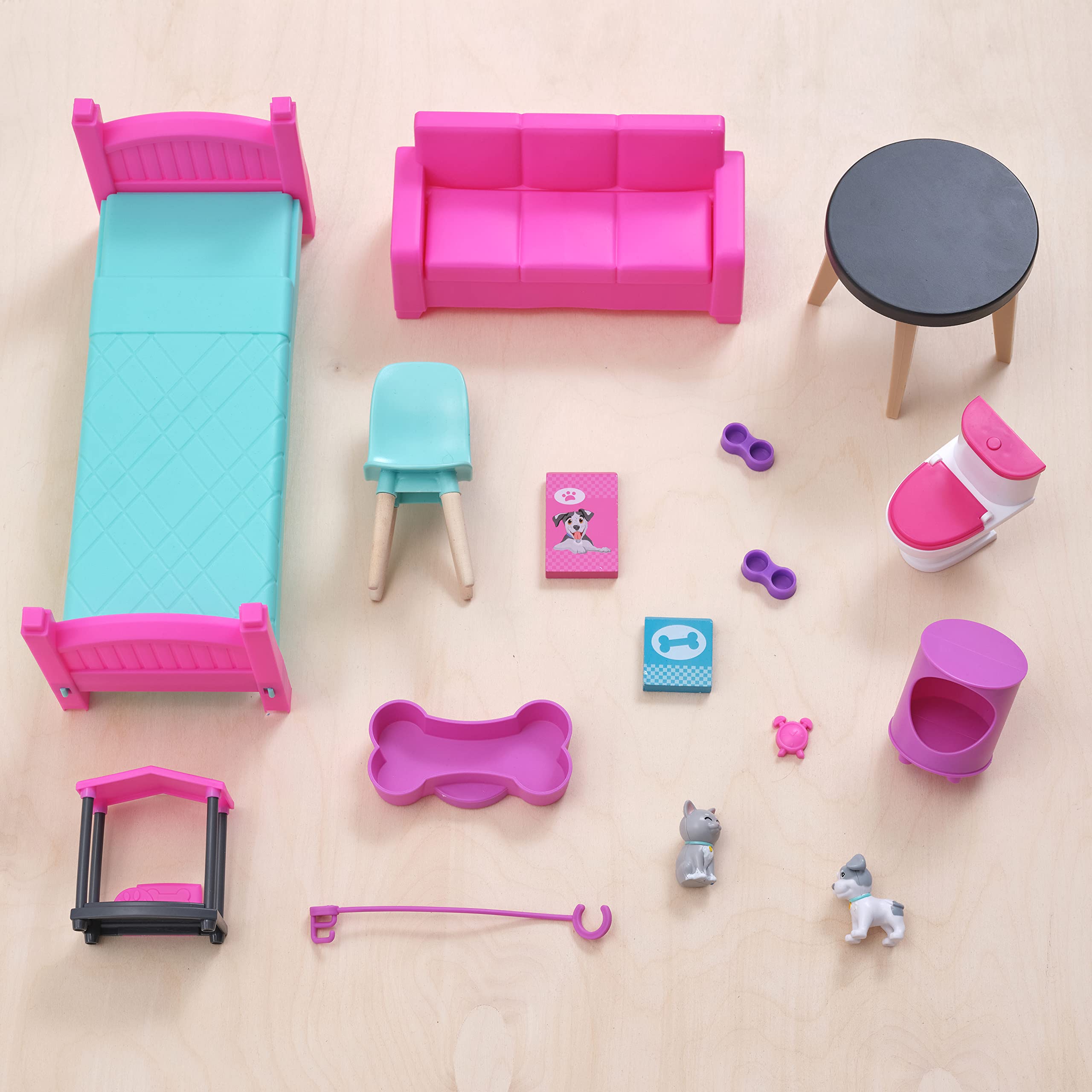 KidKraft Purrfect Domek dla lalek z drewna z meblami i akcesoriami, dla lalek 30 cm, domek z kotem i psem, figurki do zabawy, motyw zwierząt domowych, zabawka dla dzieci od 3 lat, 20240
