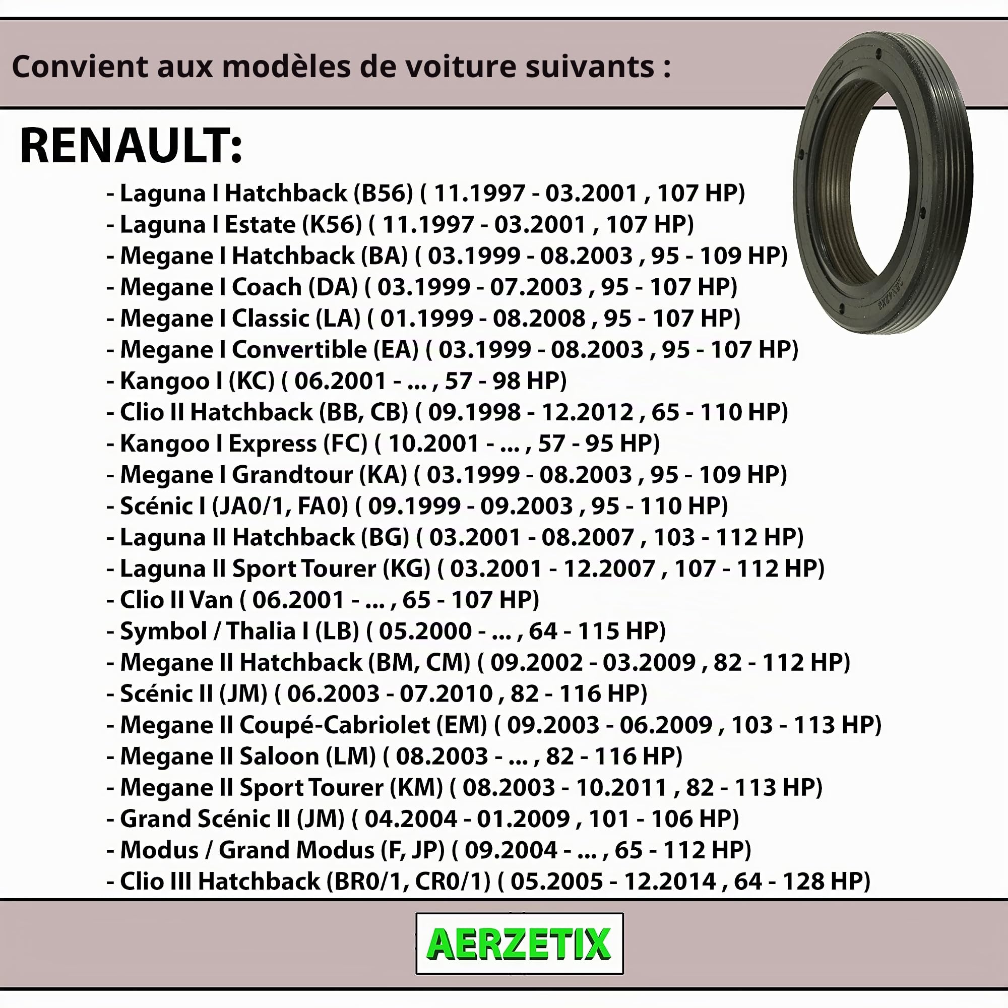 AERZETIX - C66157 - Joint SPI d'arbre à cames - côté de montage: frontal - compatible avec 7701471376, 7701474149, 6079970446, 1300100QAC