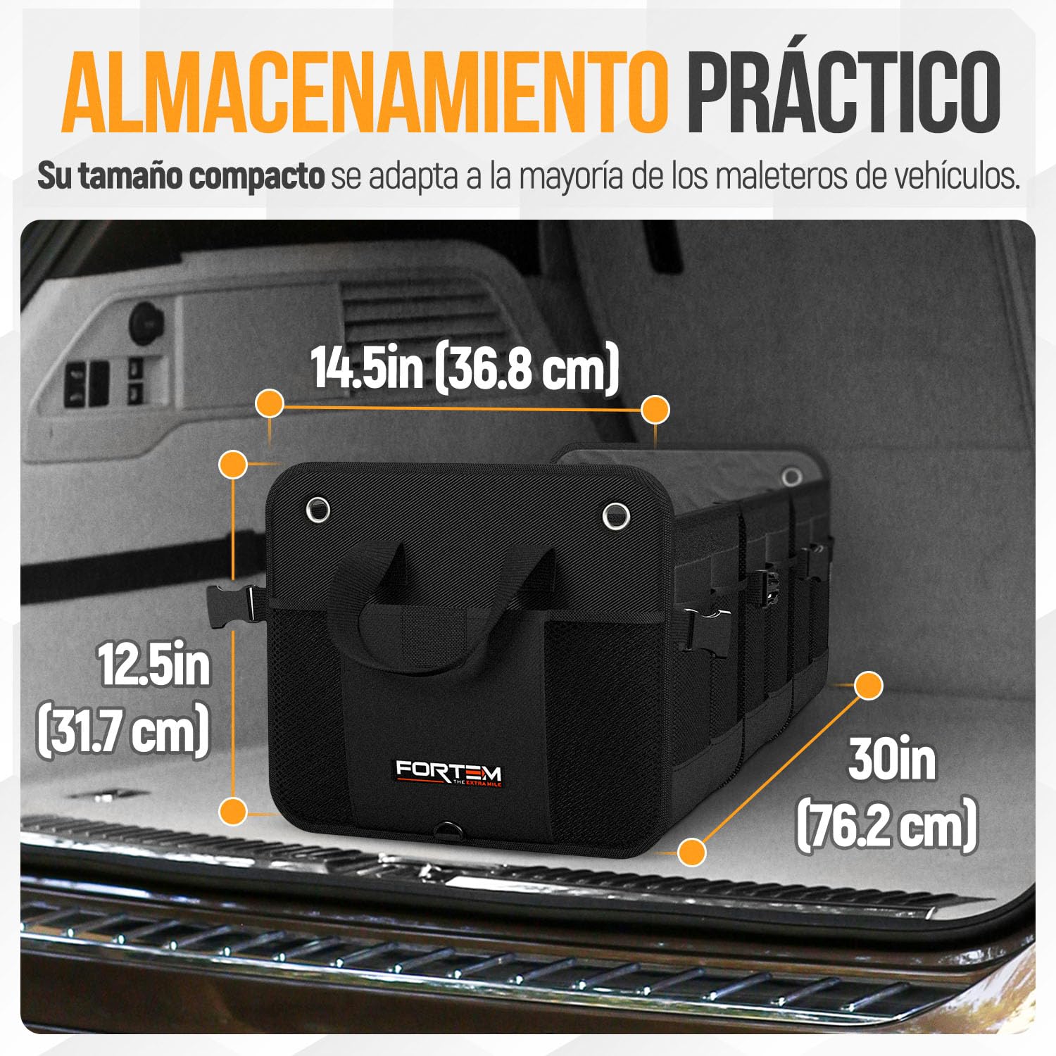 FORTEM Organizador Maletero SUV, Caja Plegable con Compartimentos, Accesorios Auto Mujer Hombre, Tela Oxford 1680D, Base Antideslizante, Correas Ajustables, Tapa Suave (90L)