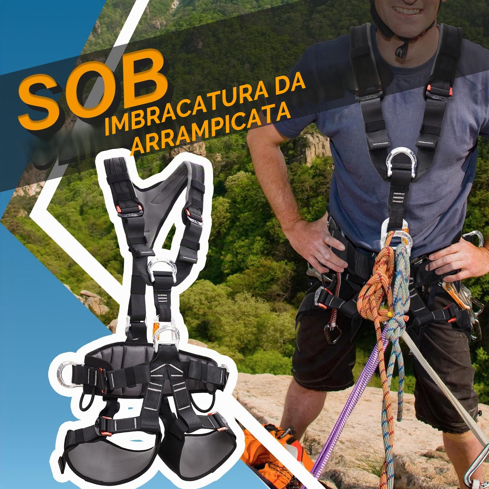 Imbracatura Integrale per Arrampicata SOB Certificata CE, Cintura di Sicurezza Regolabile con Vita Sganciabile per Alpinismo, Arrampicata su Roccia, Discesa in Corda Doppia, Soccorso Antincendio, Tree
