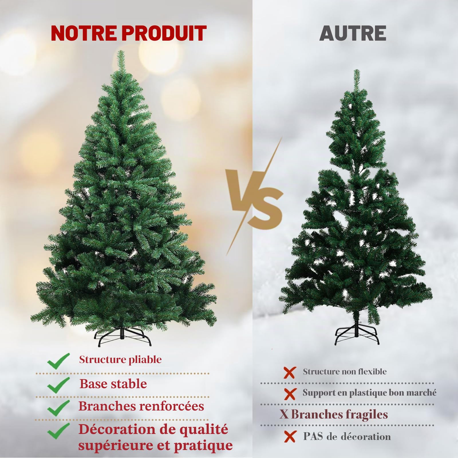 Sapin de Noël artificiel - Décoration de Noël - 195 cm - En PVC - Avec plus de 1000 branches épaisses - Avec nœuds décoratifs et cartes de vœux - Support en métal stable