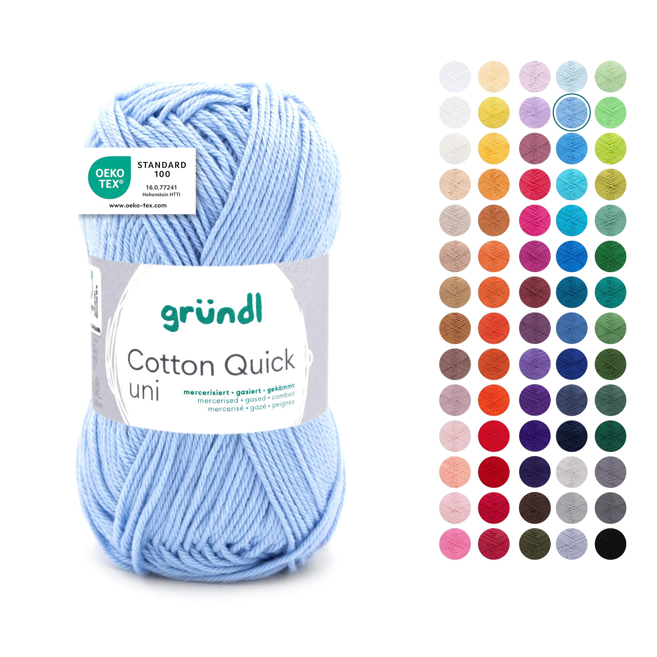 Gründl Wolle Cotton Quick uni - dünne Wolle zum Häkeln - Strickgarn - Häkelgarn - Glänzend und hautfreundlich - 100% Baumwolle - 1 Knäuel / 125 m - Nadelstärke 3-4 - Himmelblau
