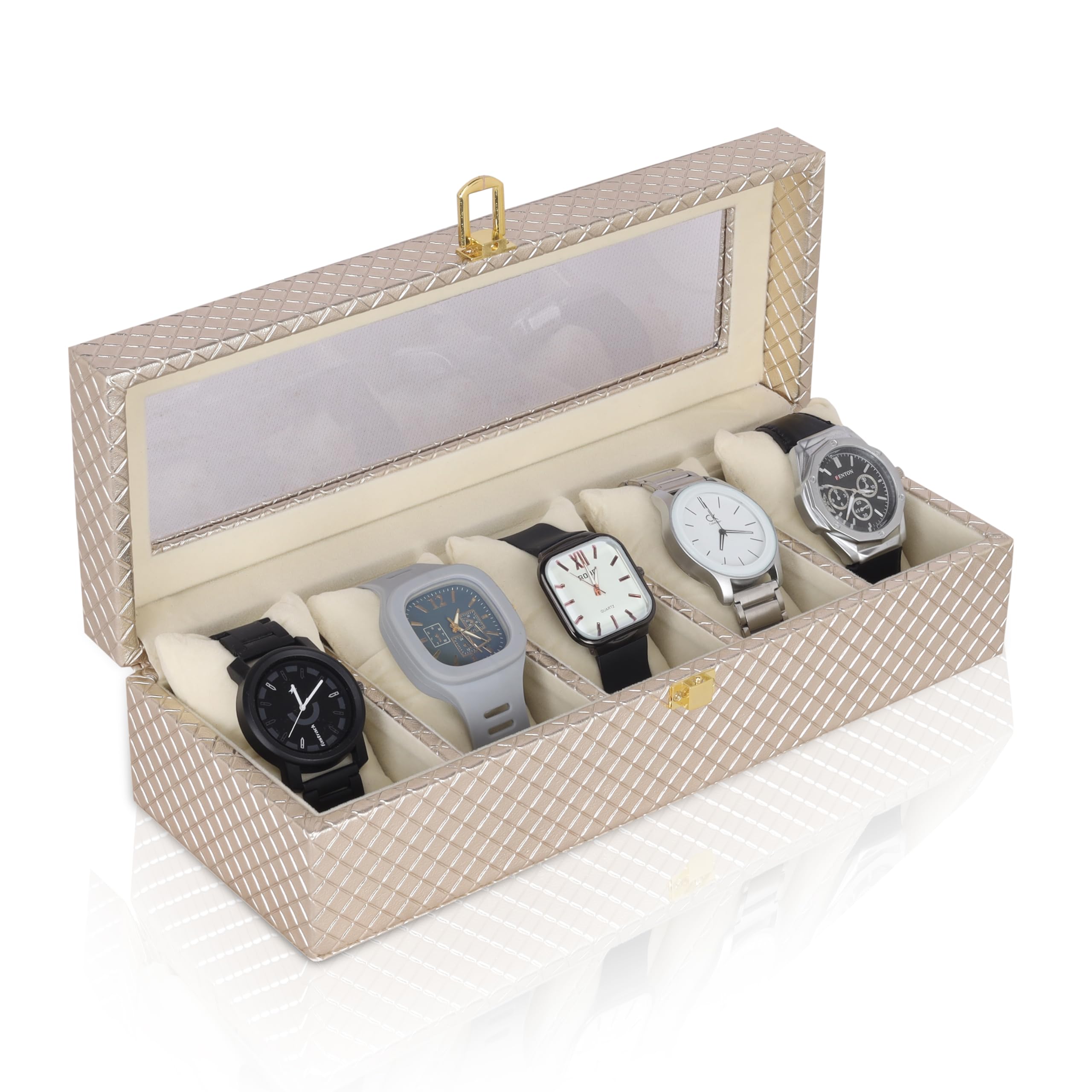 Aqsa PU Leather 5 Slot Watch Case Box for Men and Women Ultimate Watch Box Organizer with Soft Pillow Transparent Display Watch Case Holder for Travel (Off White) (B0CL9PSCMT) Amazon Price History, Amazon Price Tracker