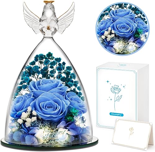 Mother's Day Flower Gift Ideas, Preserved Real Blue Rose in Glass Angel Figurine