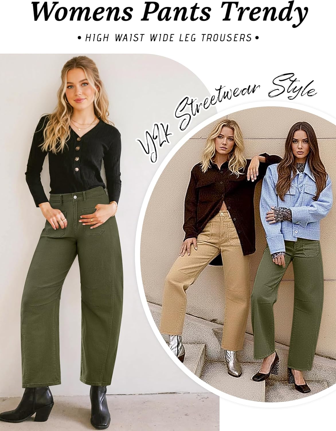 Eddoyee Wide Leg Barrel Pants Women - Stretchy High Waist Baggy Pants Y2k Boyfriend Ankle Trousers with Pockets - Image 5