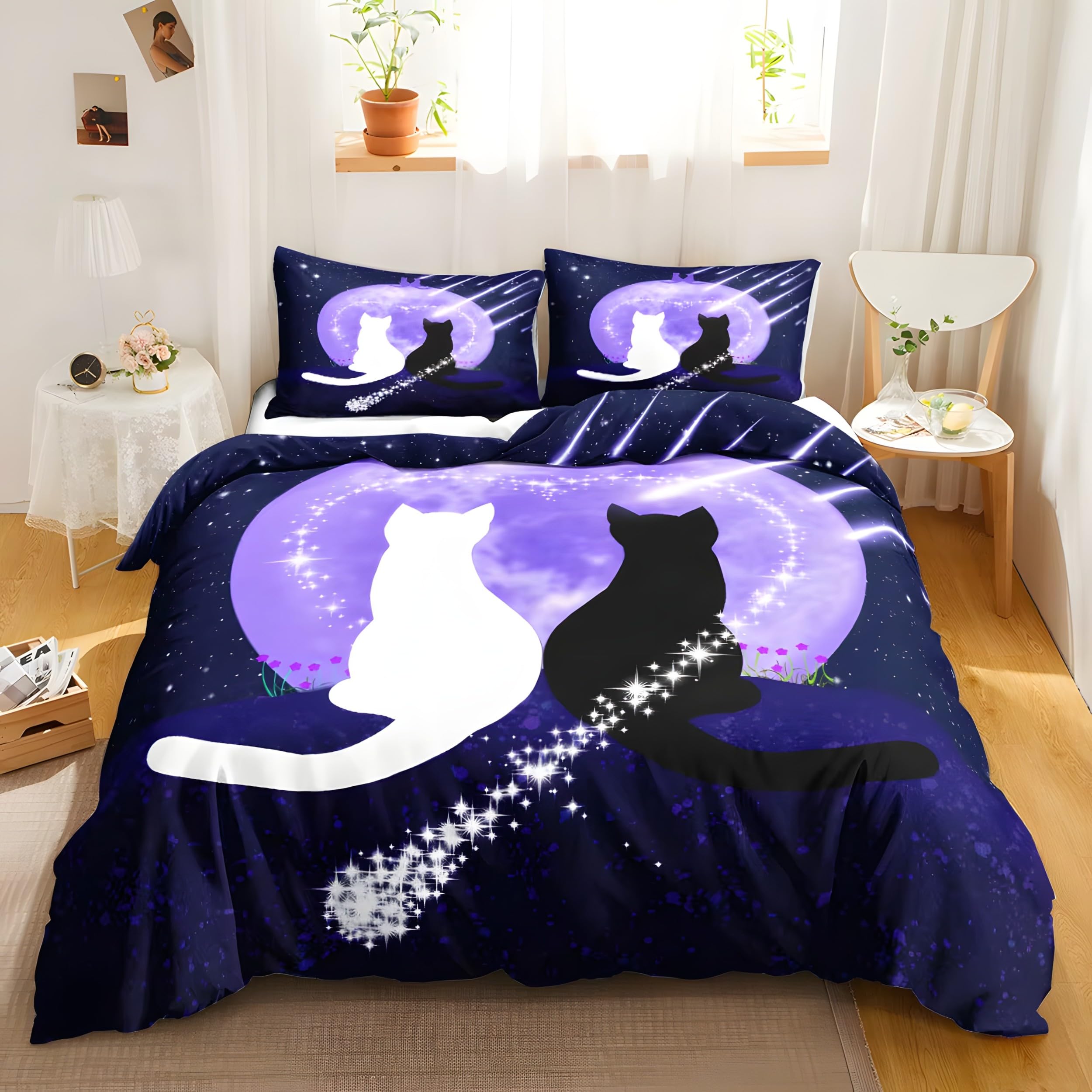 Katzencartoon Bettbezug 220x200 Pärchen Bettwäsche-Sets mit 2 Kissenbezüge 80x80 Cartoon Weich Bügelfrei Bettbezug für Jungen Mädchen Teenager Raumdekoration B-93