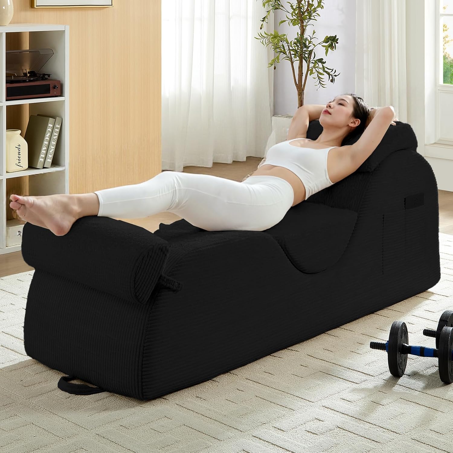 Mjkone Corduroy Yoga Chair for Adult, Chaise Lounge Chair Indoor with Side Pockets, Headrest, Waist Cushion, Movable Footrest, Curved Yoga Sofa for Relaxation Stretching for Bedroom, Black