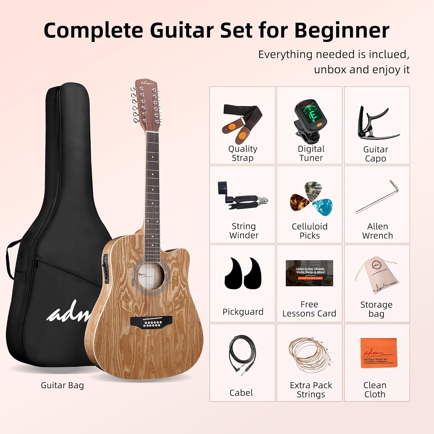 ADM Advanced 12 String Acoustic Electric Guitar, Full Size 42" Twelve String Guitar Bundle 4-Band EQ Set for Beginner Intermediate Adults Teens, Bag, Picks, Capo, Cabel, Strap, Natural Wood