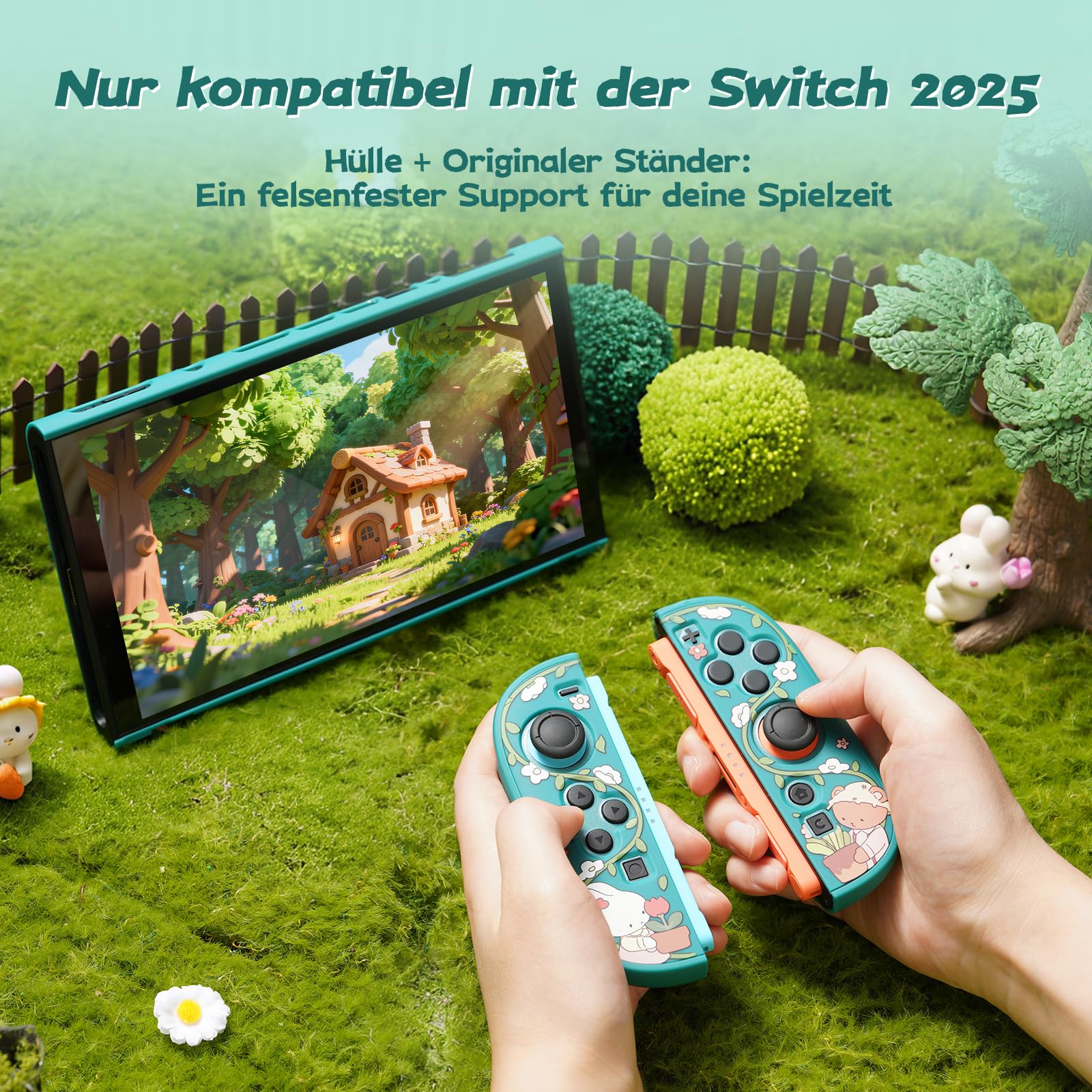 GeekShare Schutzhülle kompatibel mit Switch 2, niedliche, dockbare Cartoon-Hülle kompatibel mit Switch 2, kratzfestes und stoßfestes Design – Bunny Garden
