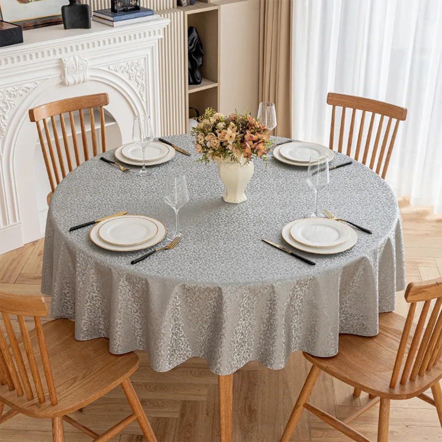 JuanNest Jacquard Round Table Cloth,Outdoor Dining Table Cloth,Design Waterproof Antiwrinkle Spillproof Heavy Weight Soft Tablecloths for Circular Table Cover and Kitchen Dinning Tabletop P,200CM