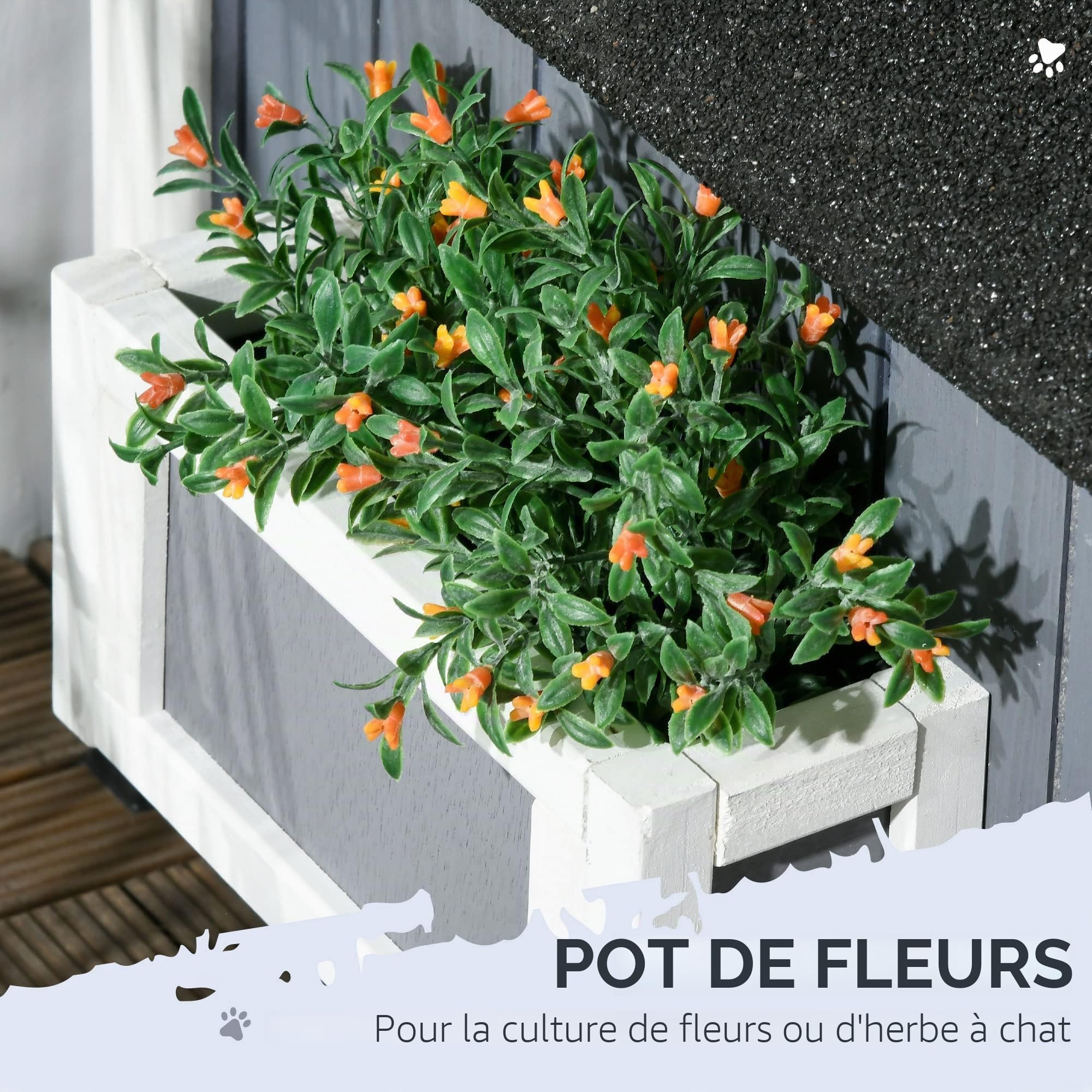 PawHut Maison Chat extérieure en Bois Pot Fleurs fenêtres - Gris | Entrées multiples, toit résistant à l'eau