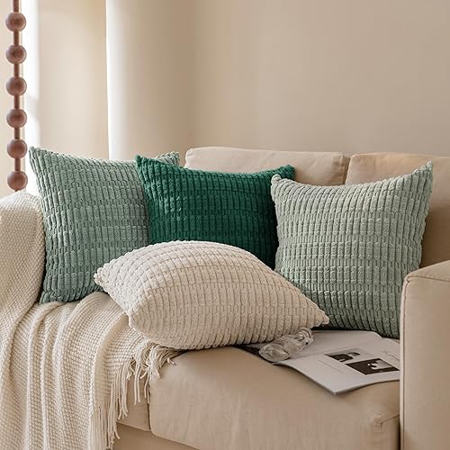 Miniatura 7 de Softalker Juego de 4 fundas de almohada de pana de 16 x 16 pulgadas, fundas decorativas modernas de estilo bohemio a rayas suaves para sofá,