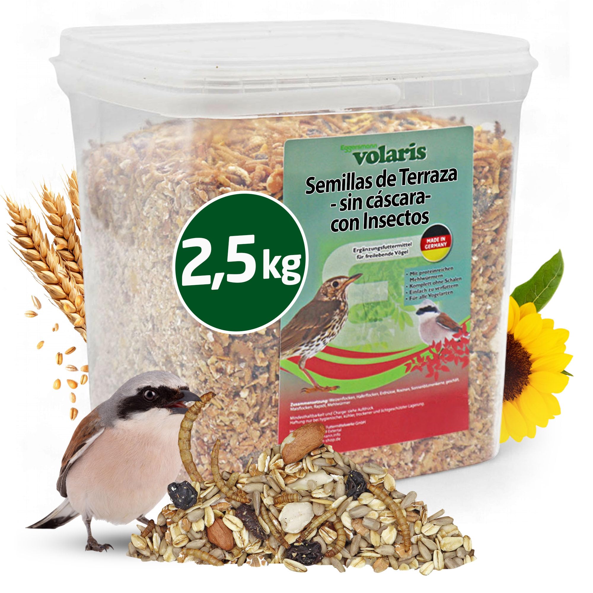 Eggersmann volaris Granos de terraza con insectos de 2,5 kg – Alimento para aves silvestres sin cáscara con gusanos de la harina, semillas de girasol UVM. Alimento para todo el año, rico en proteínas