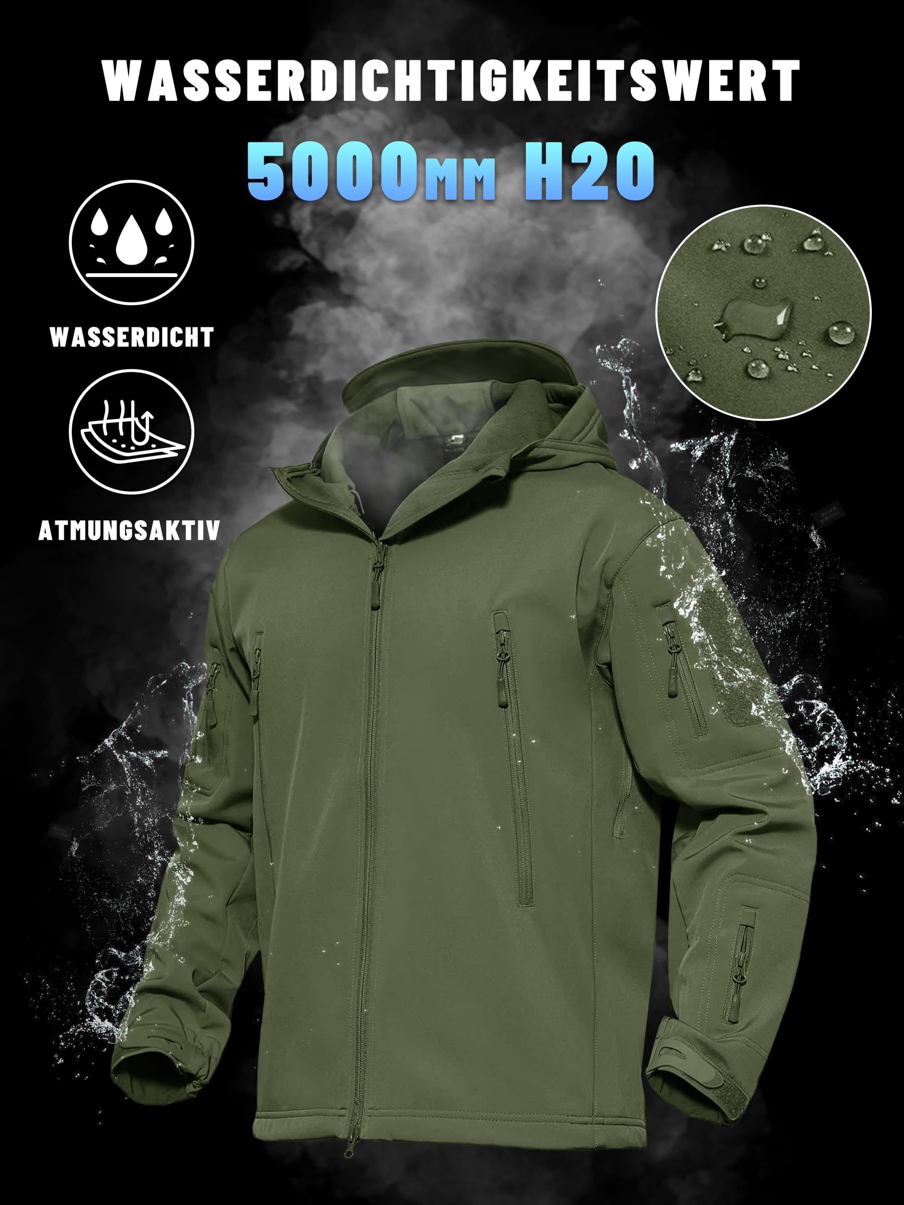 KEFITEVD Herren-Jacke, wasserdicht, taktisch, Fleece, Kampfjacke, Softshell-Jacke, wasserdicht, mit Kapuze, faltbar, abnehmbar