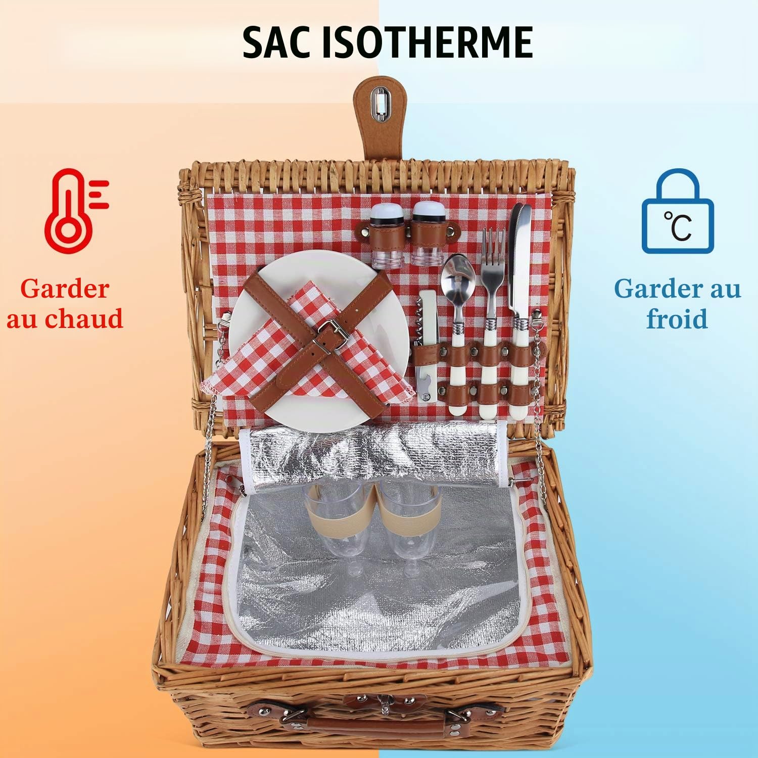 Panier de Pique-Nique en Osier pour 2 Personnes, Panier en Osier avec Compartiment Isotherme, Panier de Pique-Nique pour 2 Personnes, Motif à Carreaux Rouges Classiques avec ustensiles et