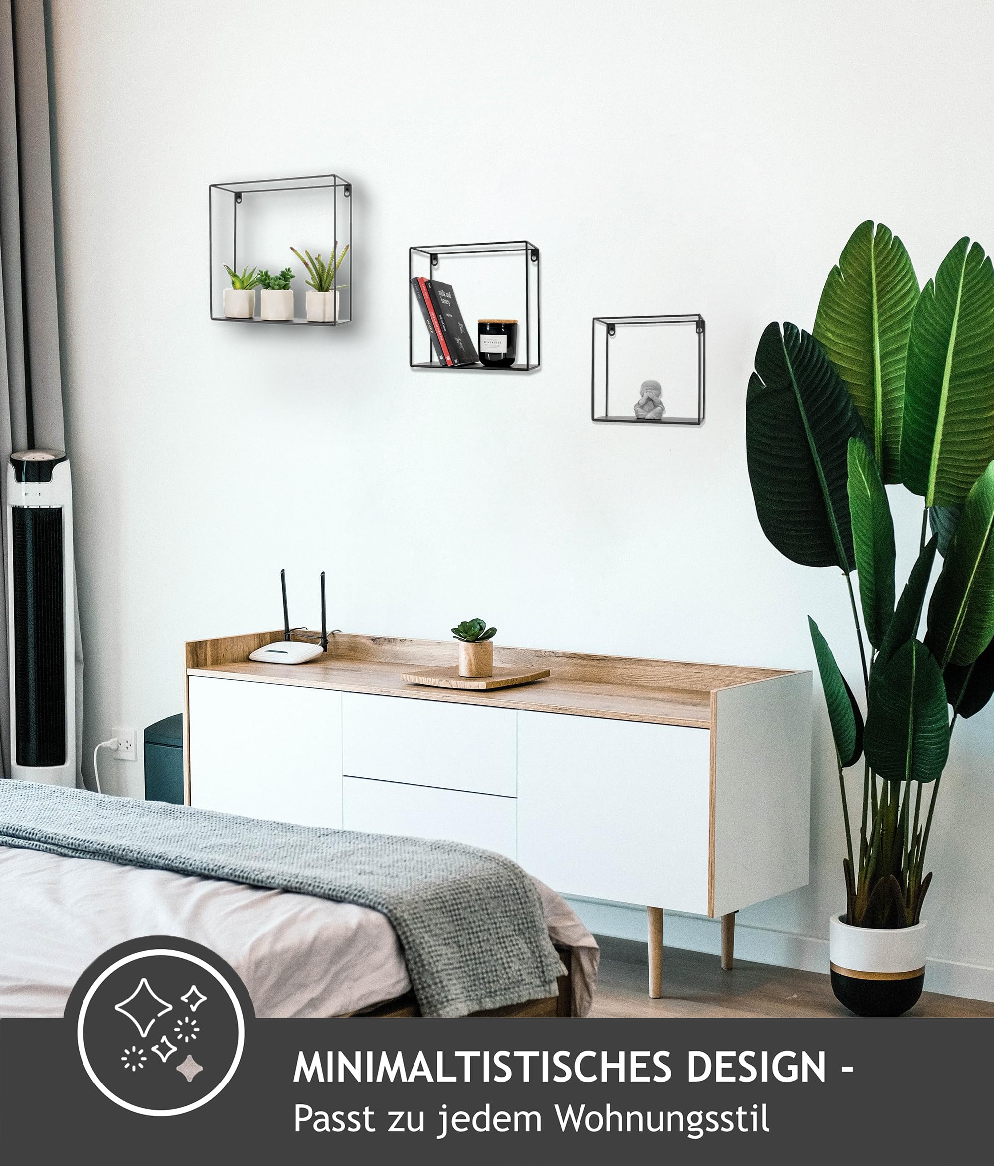 3X Wand-Regale in schwarz - Hängeregal im Industrial Design - Wand-Deko aus Metall - Schweberegale zum Dekorieren von Küche, Wohnzimmer & Bad