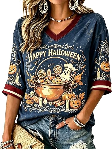Womens Halloween Shirts Casual Ghost V Neck 3/4 Sleeve Tshirt for Christmas