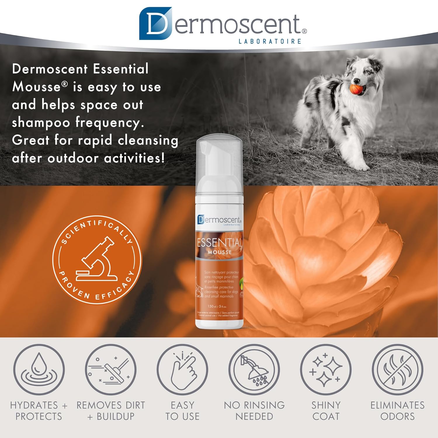 Dermoscent Essential Mousse - Dry Shampoo for Dogs & Small Mammals - Rinse Free Foam to Cleanse Skin & Coat - Odour Control for Smelly Pets - Soap Free - 150ml
