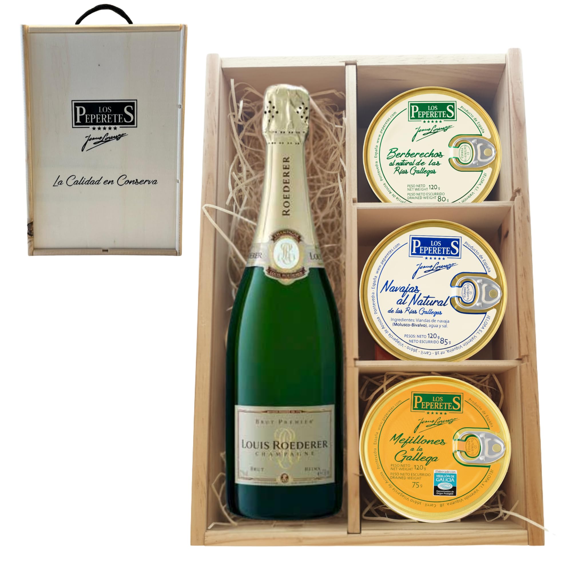 LOS PEPERETES Pack Gourmet Marisco Gallego con Champagne Roederer | x2 Berberechos al Natural · x2 Navajas al Natural · x2 Mejillones a la Gallega | Estuche Lote Delicatessen Premium Latas Conserva